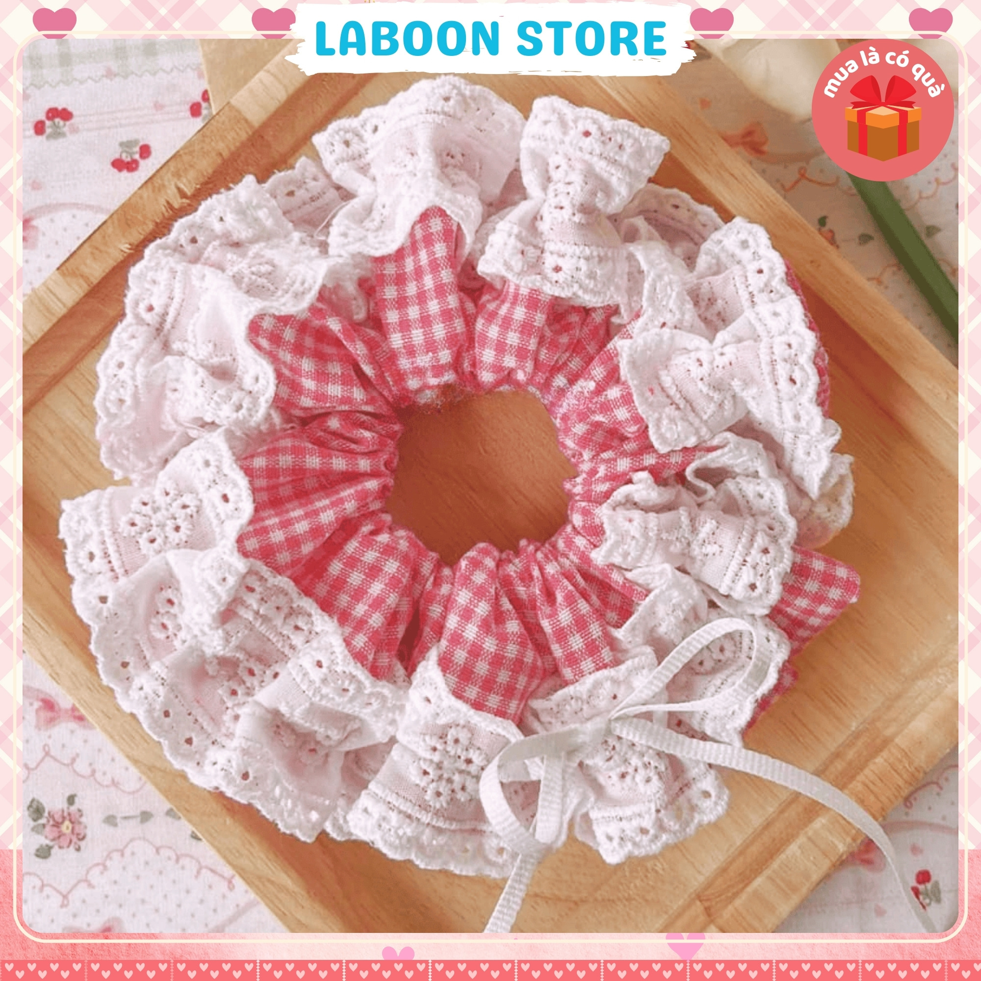 Mô tả Scrunchies LABOON tiểu thư phối ren nơ bèo trắng tinh tế buộc tóc hồng baby dịu dàng như sương mai - 2