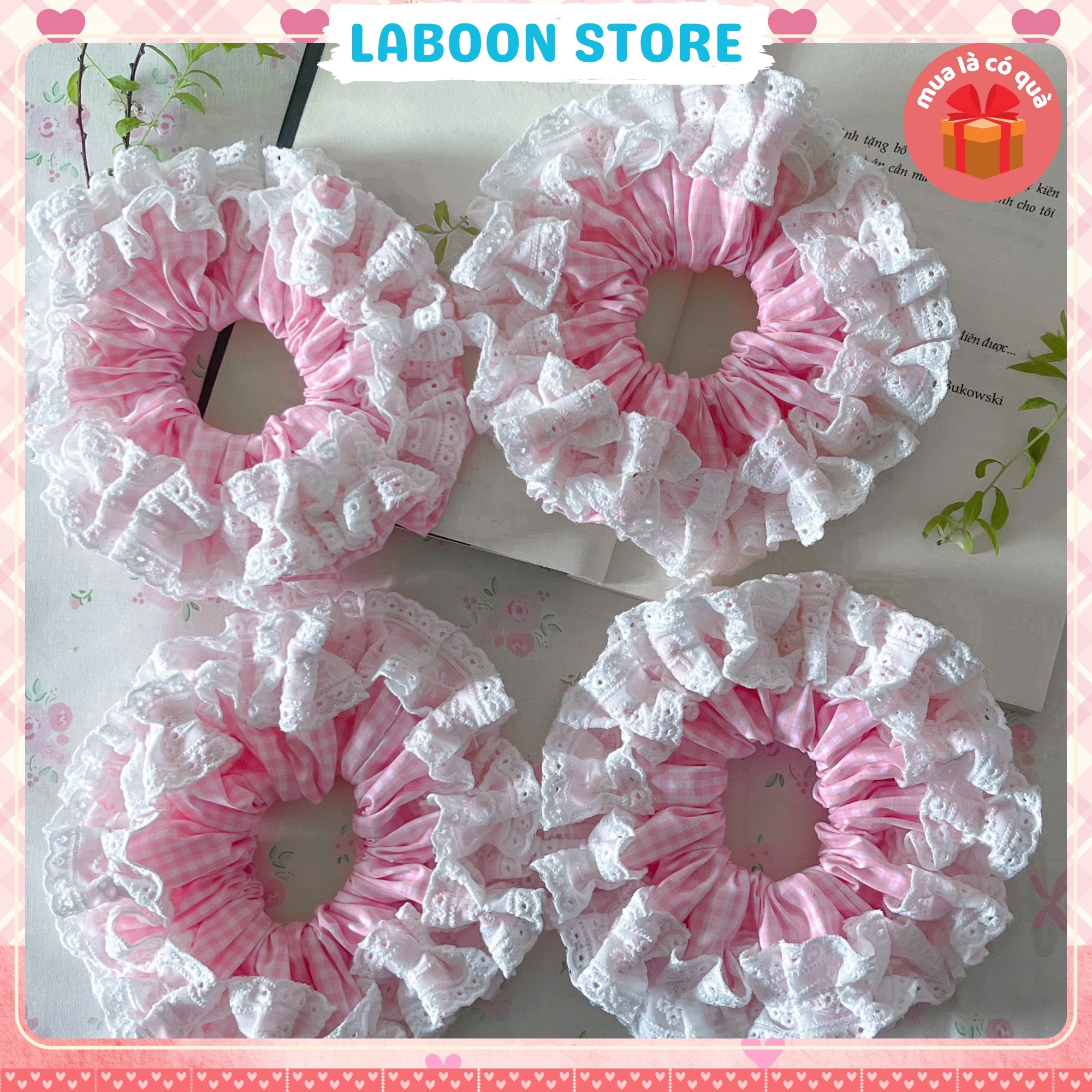 Mô tả Scrunchies LABOON tiểu thư phối ren nơ bèo trắng tinh tế buộc tóc hồng baby dịu dàng như sương mai - 4
