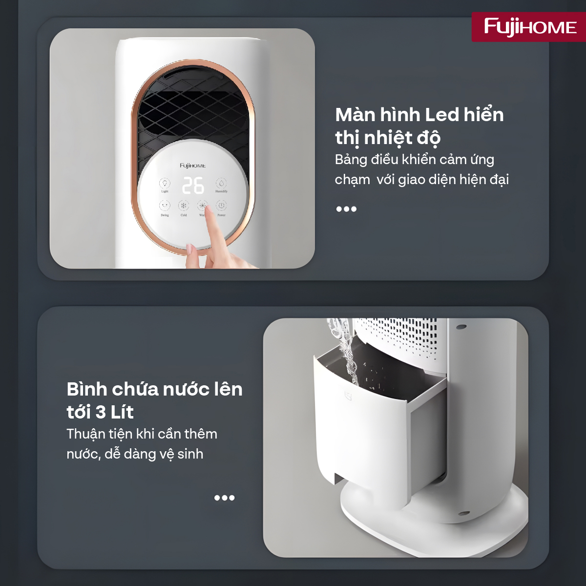 Mô tả Quạt Làm Mát, Sưởi Ấm và Tạo ẩm 4 mùa Fujihome AC01 Màn hình điều khiển LED cảm ứng - BH 24 tháng - 12