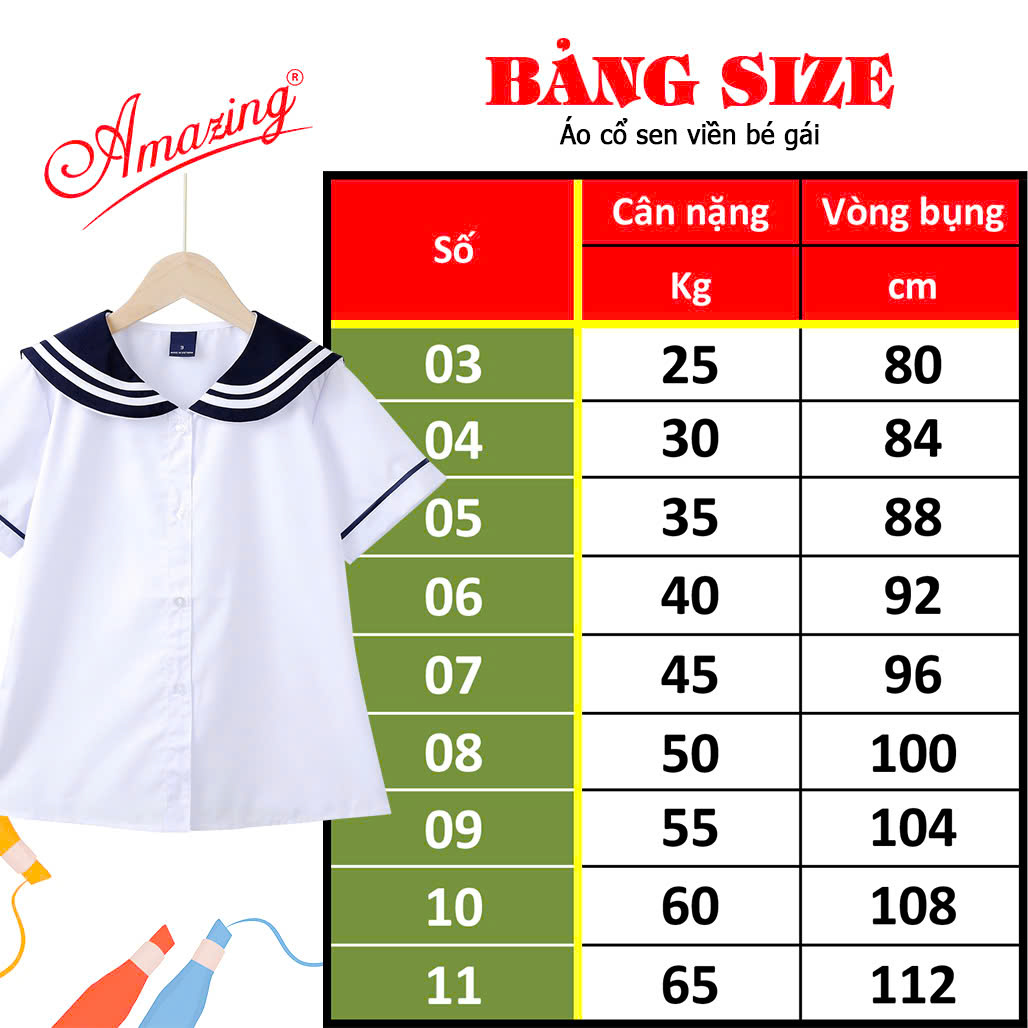 Mô tả Áo sơ mi trắng cổ lá sen viền xanh cao cấp cho bé gái đến trường, big size từ 26kg đến 70kg - 1