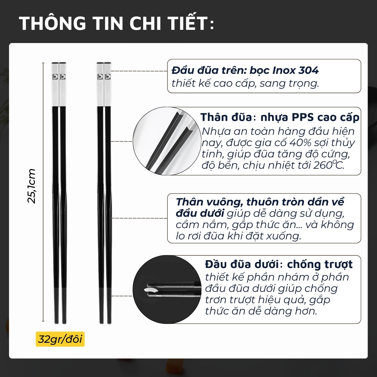 Mô tả Đũa nhựa PPS sợi thủy tinh DandiHome kết hợp Inox 304 DandiHome cao cấp, chống trượt, chống nấm mốc - 2