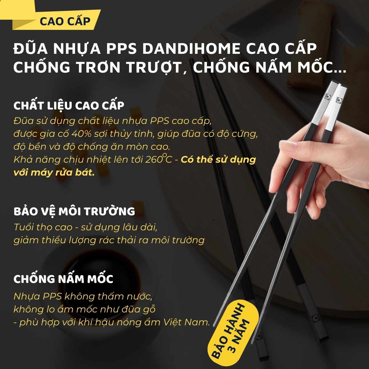 Mô tả Đũa nhựa PPS sợi thủy tinh DandiHome kết hợp Inox 304 DandiHome cao cấp, chống trượt, chống nấm mốc - 1