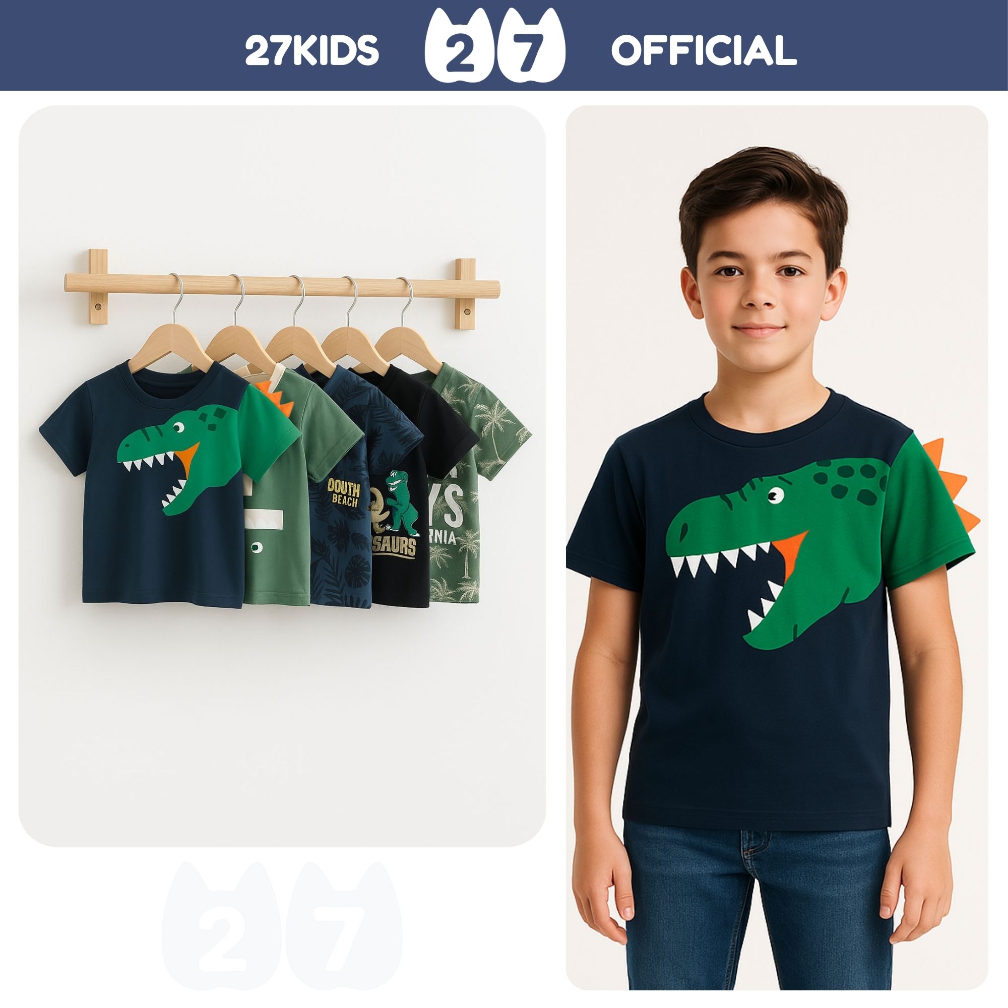 Mô tả Áo thun bé trai ngắn tay 27Kids áo cộc nam vải Cotton cho trẻ từ 2-10 tuổi BSTS8 - 1