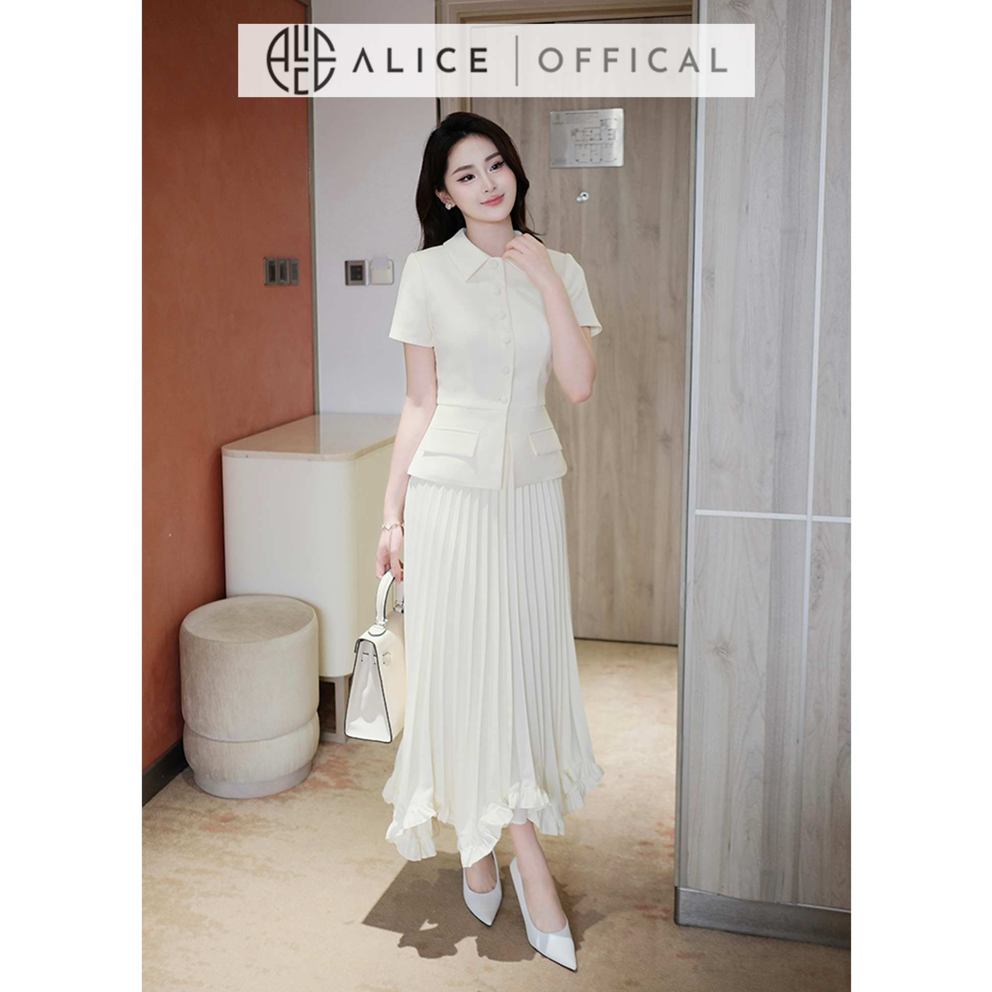 Mô tả Set Váy Thanh Lịch Chất Chéo Hàn Alice, Áo Ngắn Tay Cổ Sơ Mi Có Túi Dáng Ôm Eo Phối Chân Váy Dập Ly Quạy Kéo Khóa S851 - 3