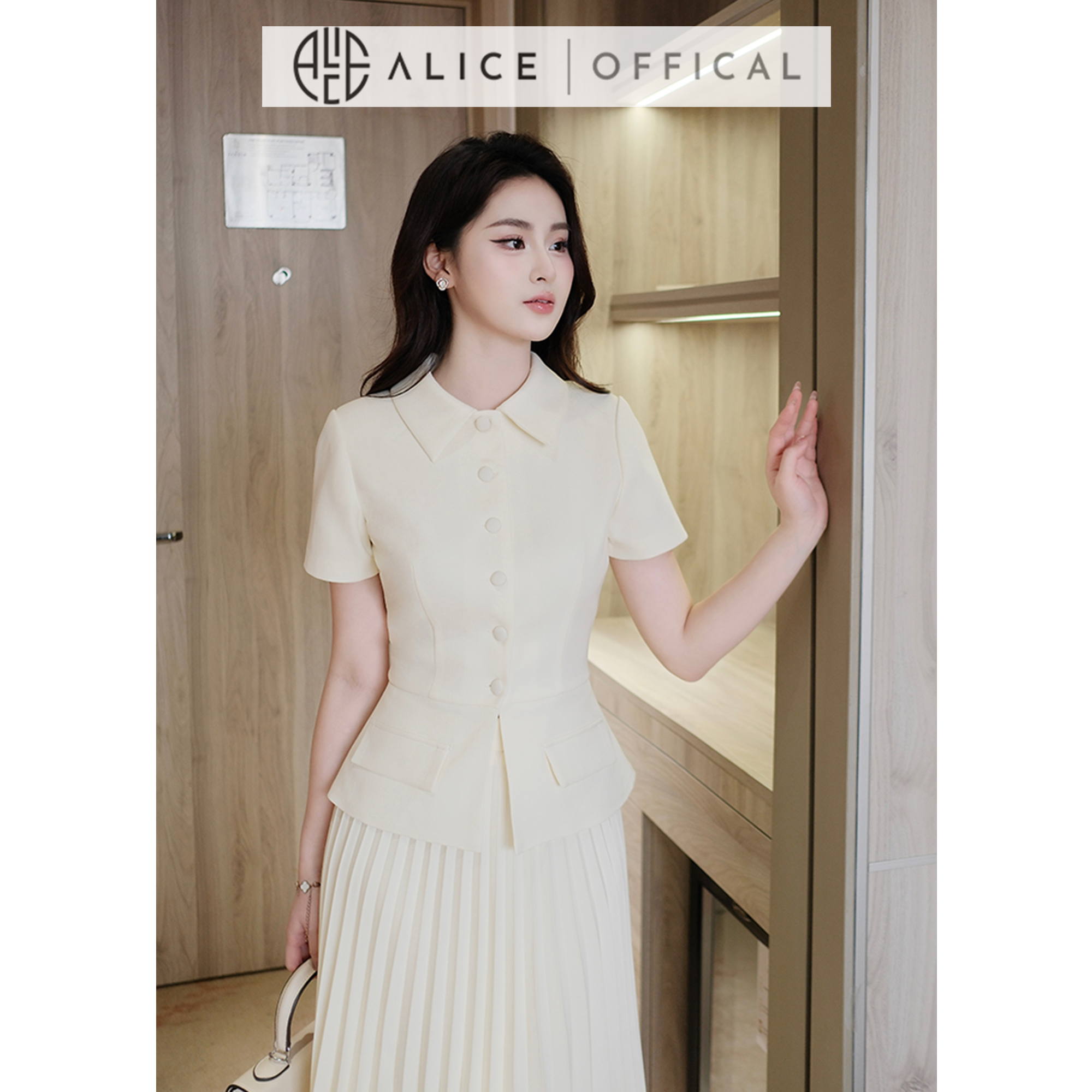 Mô tả Set Váy Thanh Lịch Chất Chéo Hàn Alice, Áo Ngắn Tay Cổ Sơ Mi Có Túi Dáng Ôm Eo Phối Chân Váy Dập Ly Quạy Kéo Khóa S851 - 4