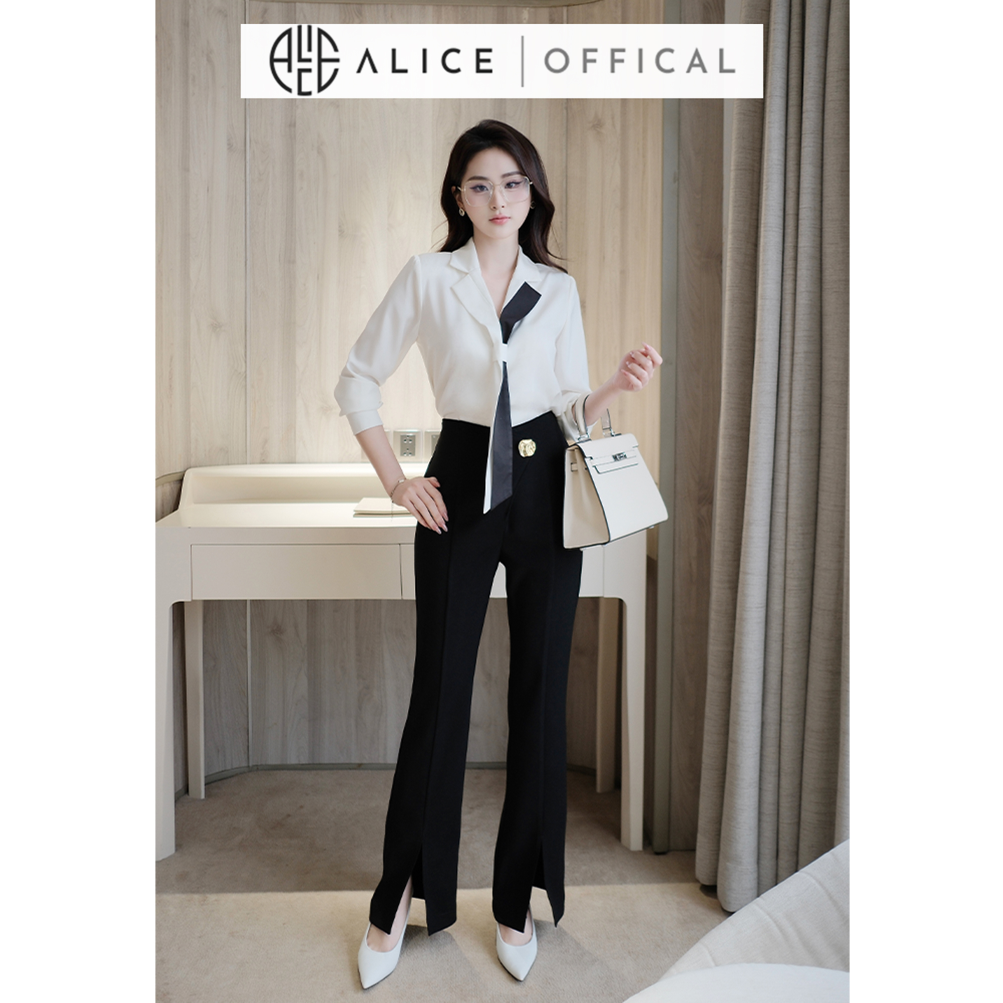 Mô tả Set Công Sở Thanh Lịch Alice, Áo Sơ Mi Cổ Phối Buộc Vạt Chất Lụa Hàn Phối Quần Ống Loe Chất Mango Đính Tag Eo S849 - 1
