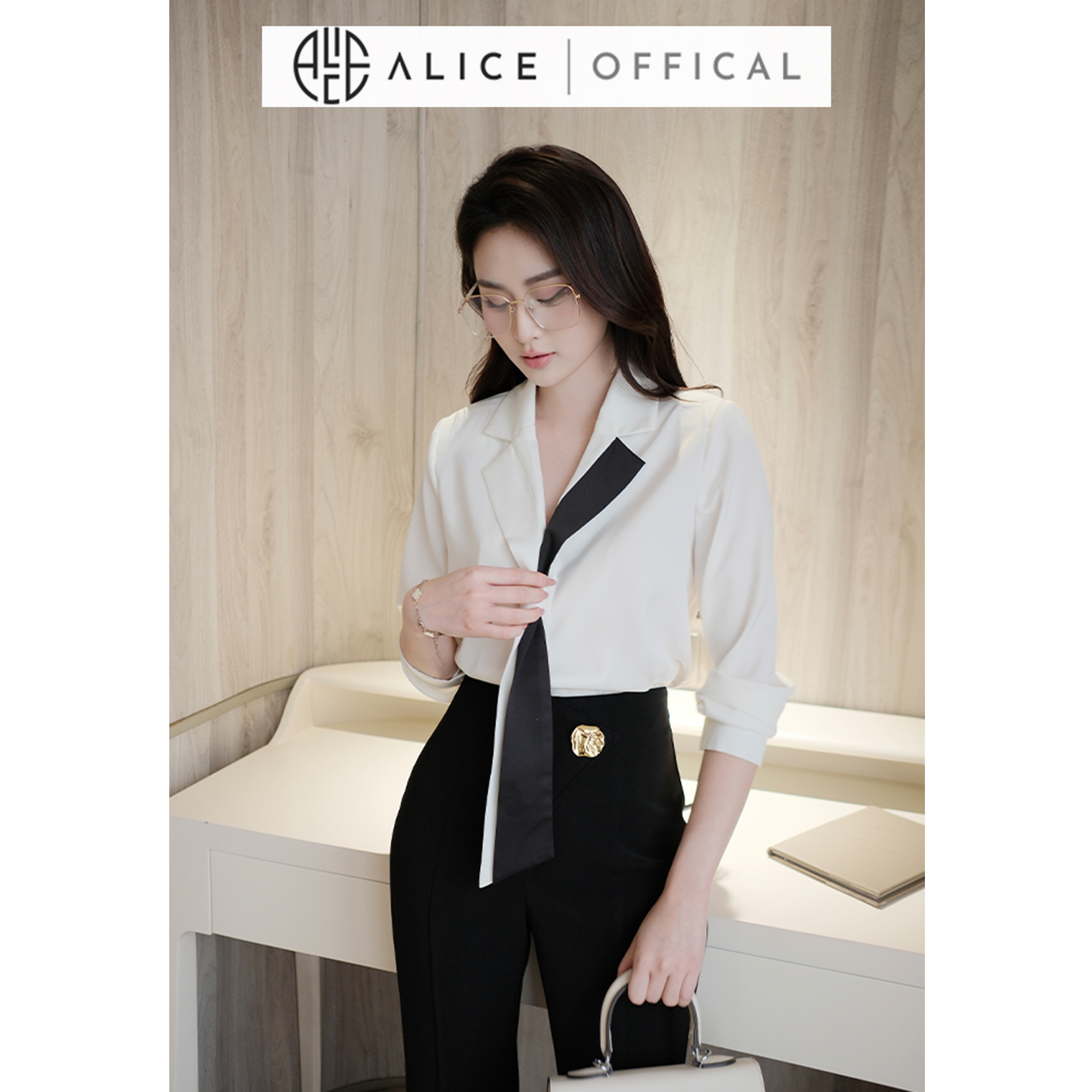 Mô tả Set Công Sở Thanh Lịch Alice, Áo Sơ Mi Cổ Phối Buộc Vạt Chất Lụa Hàn Phối Quần Ống Loe Chất Mango Đính Tag Eo S849 - 2