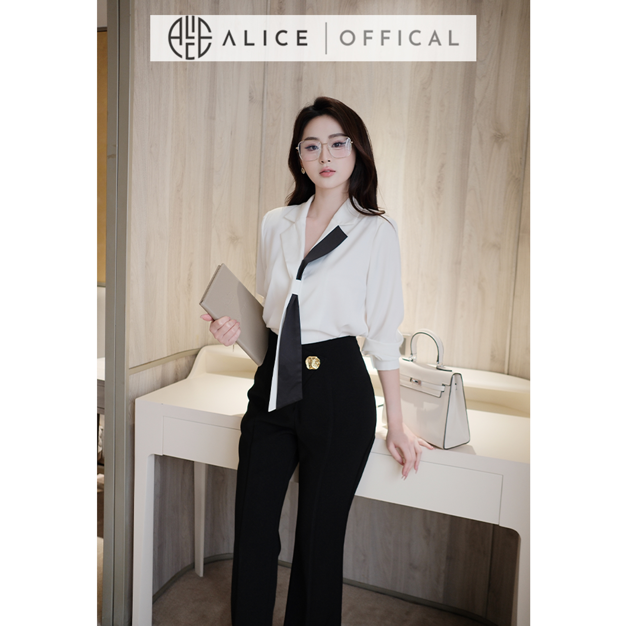 Mô tả Set Công Sở Thanh Lịch Alice, Áo Sơ Mi Cổ Phối Buộc Vạt Chất Lụa Hàn Phối Quần Ống Loe Chất Mango Đính Tag Eo S849 - 4