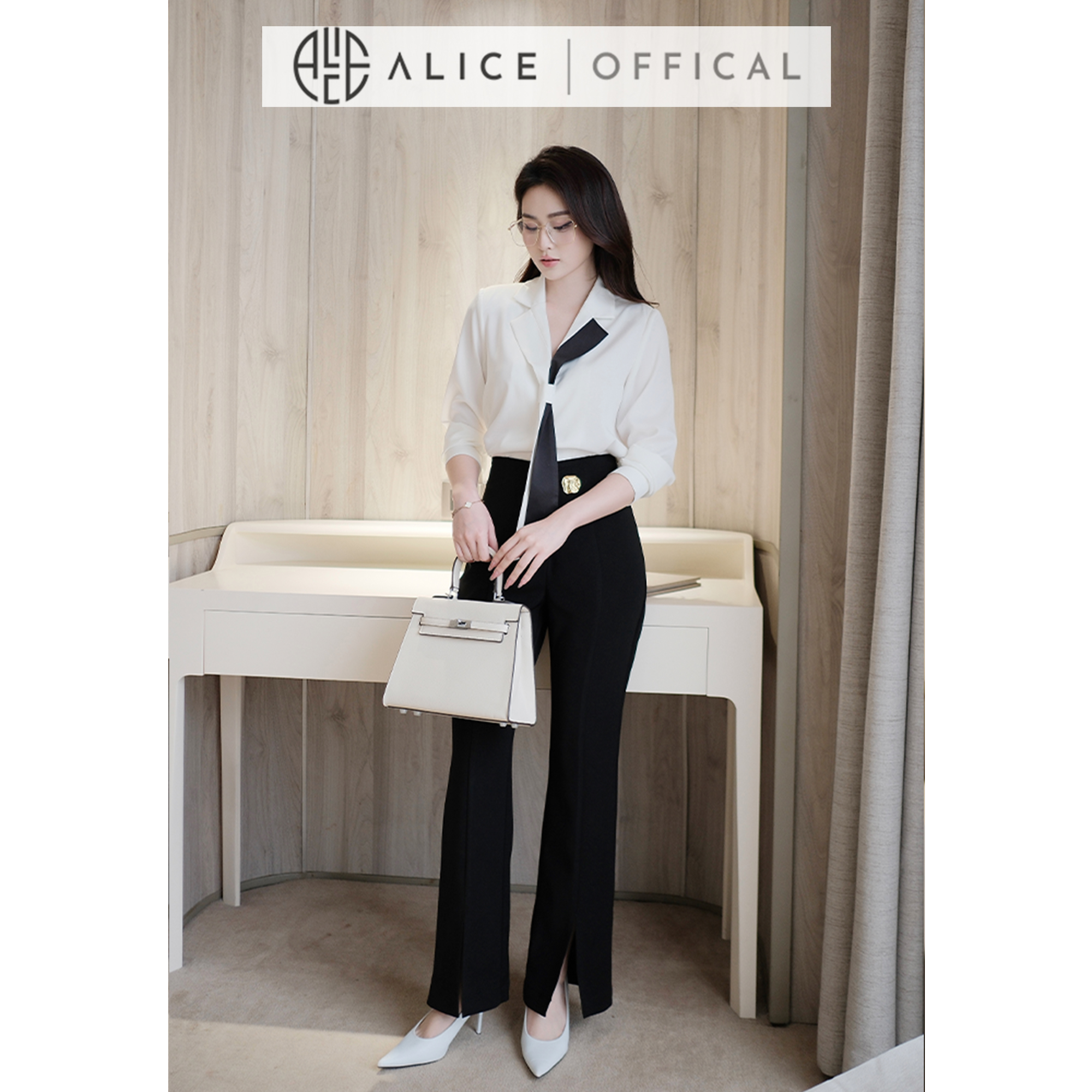 Mô tả Set Công Sở Thanh Lịch Alice, Áo Sơ Mi Cổ Phối Buộc Vạt Chất Lụa Hàn Phối Quần Ống Loe Chất Mango Đính Tag Eo S849 - 6