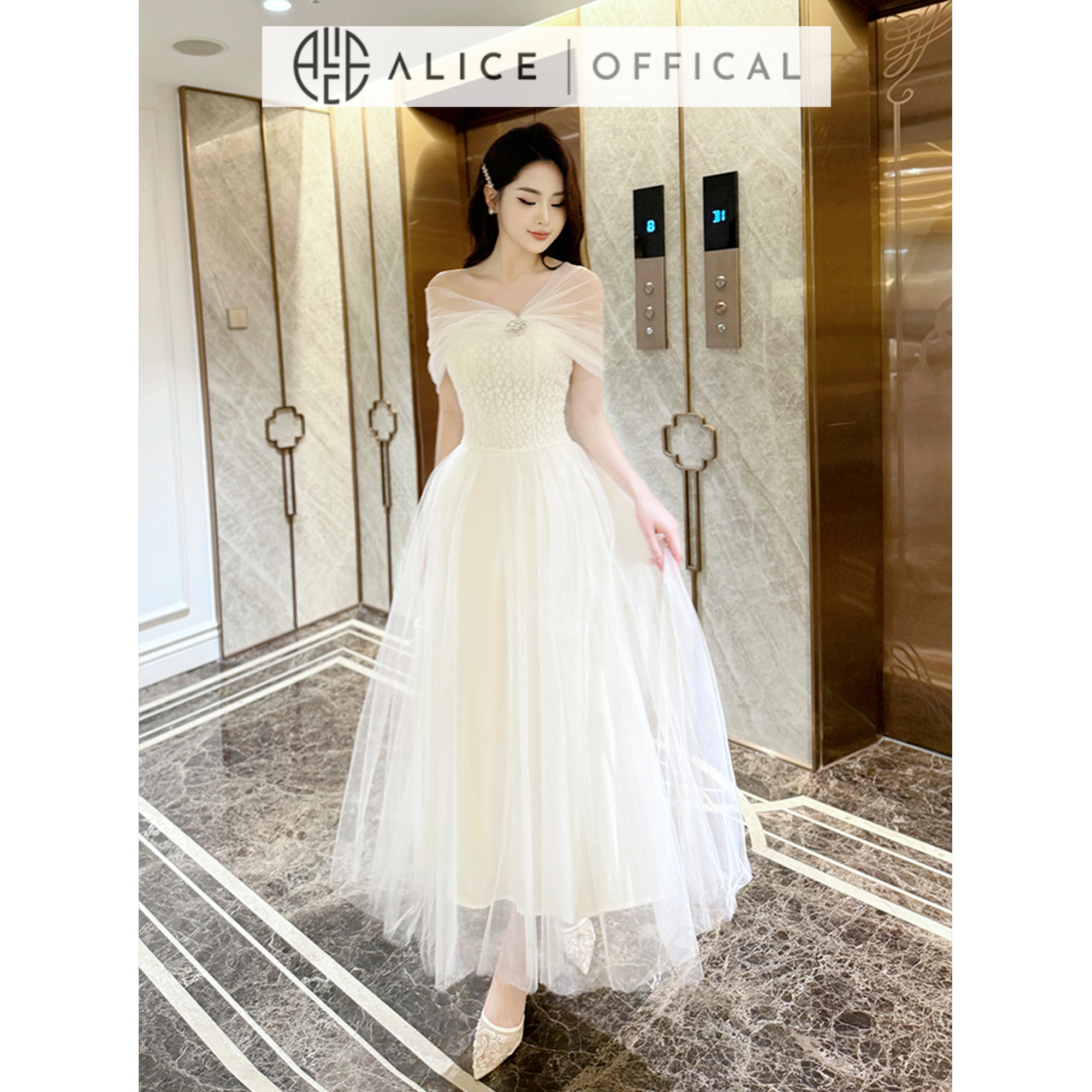 Mô tả Váy Trễ Vai Dự Tiệc Alice, Đầm Lưới Phối Ren Dáng Maxi Ôm Eo, Váy Đính Đá Nổi Có Lót Xòe Bồng, Phù Hợp Đi Sự Kiện T40 - 1