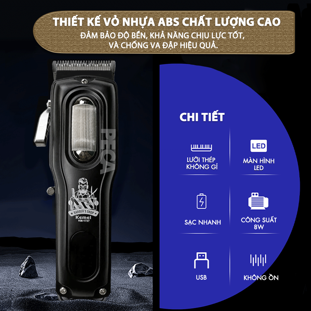Mô tả Tông đơ cắt tóc chuyên nghiệp Kemei KM-1727 công suất mạnh 8W màn hình LCD sạc nhanh USB tiện lợi - Chính hãng - 2
