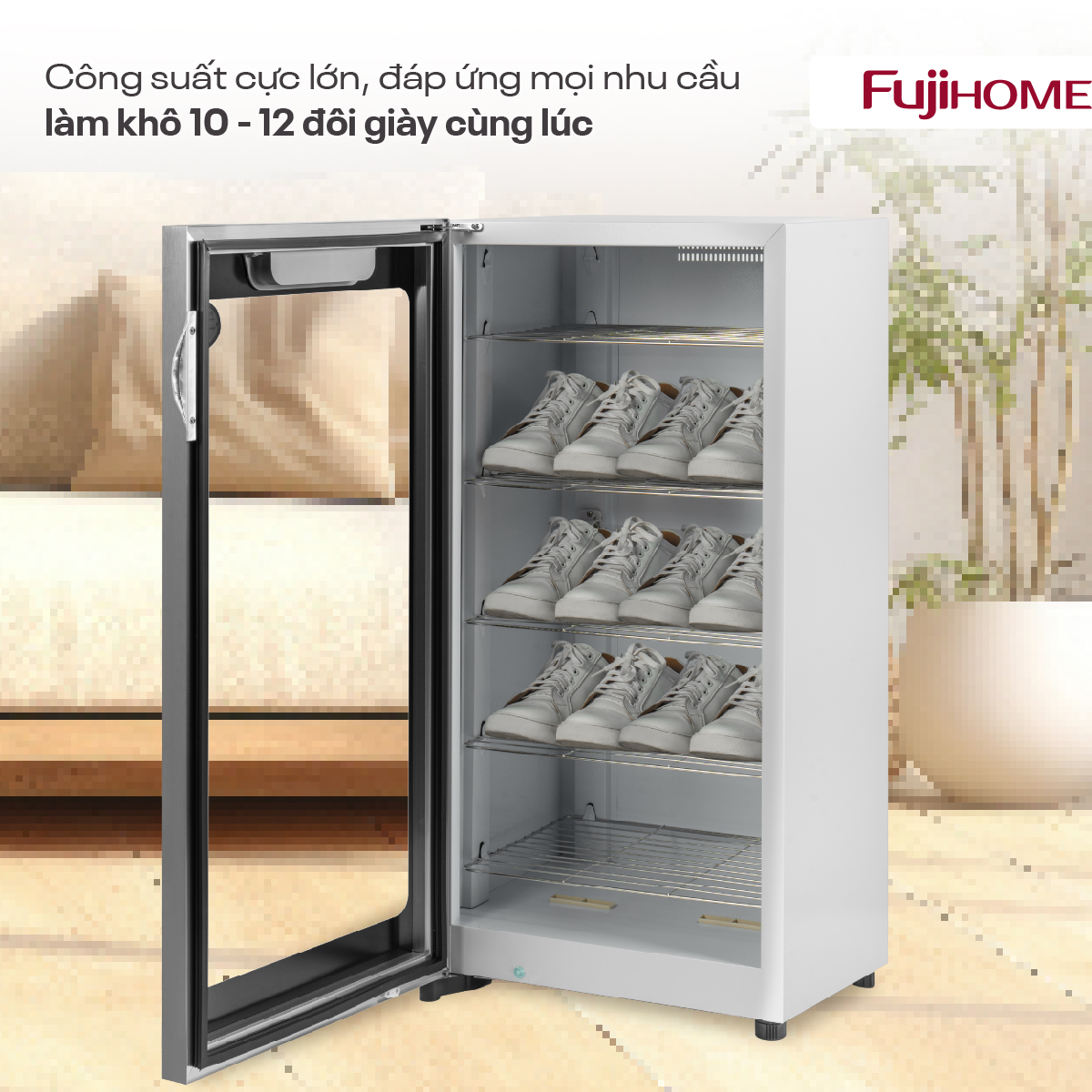 Hệ thống 5 kệ inox phẳng sấy được nhiều đôi giày cùng lúc trong tủ Fujihome SD128