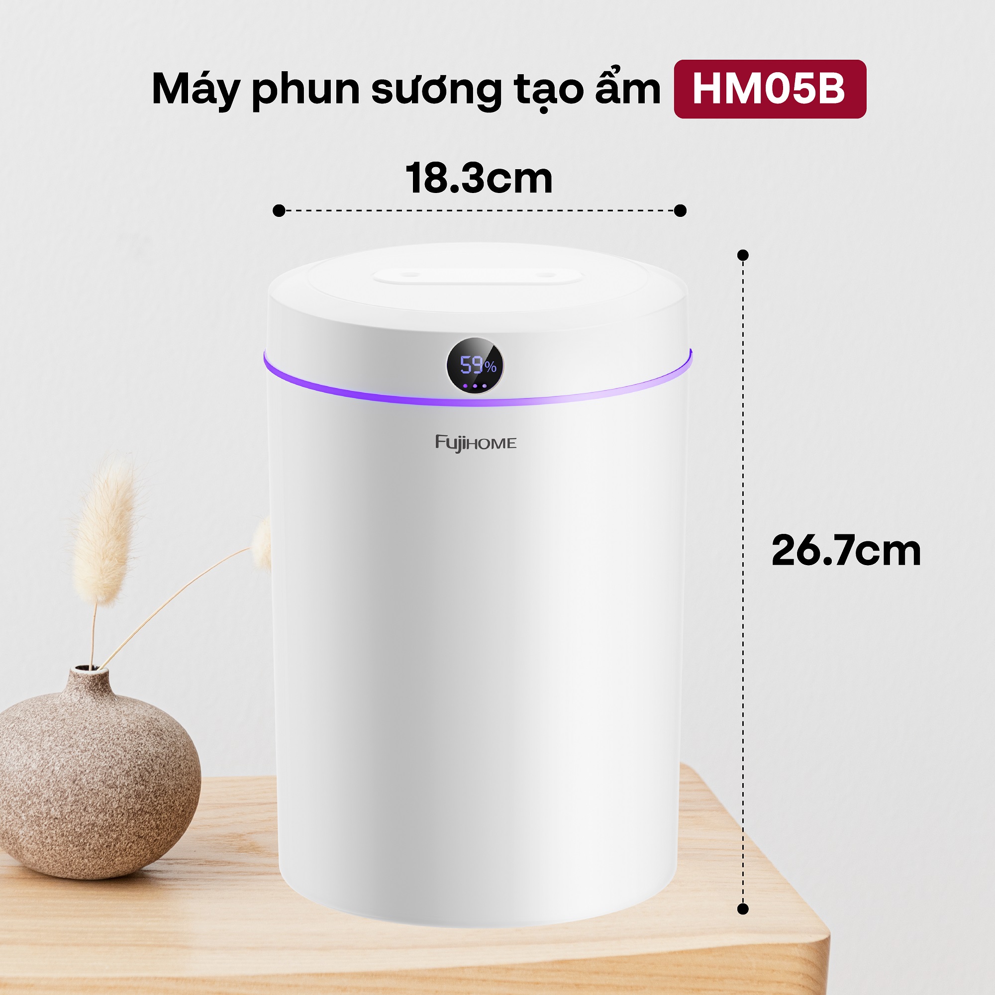 Mô tả Máy phun sương tạo ẩm FUJIHOME HM05B xông tinh dầu, 3 tốc độ phun, màn led và đèn led hiển thị - 7