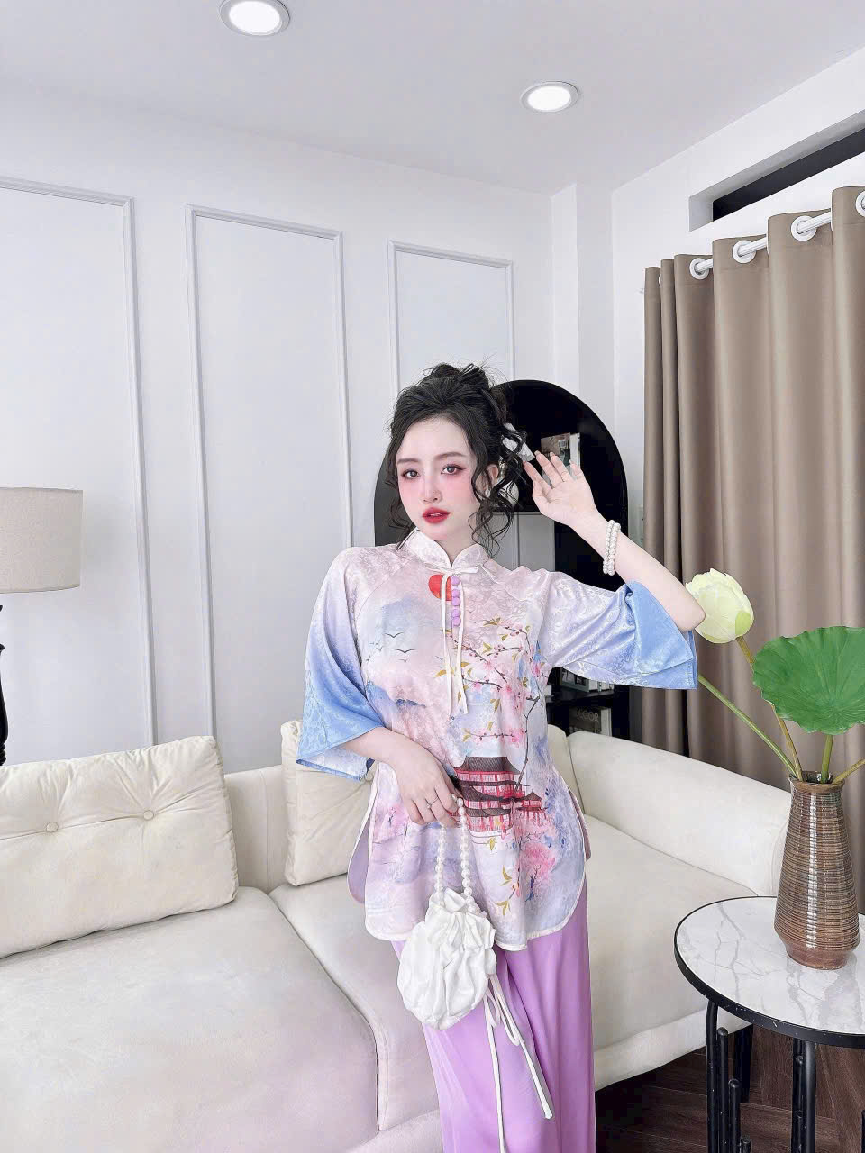 Mô tả Bộ Lam Đi Chùa SOJUN Đồ Pháp Phục Lụa Gấm Cổ Trụ Nút Bọc Thiết Kế Size Dưới 65kg - 1