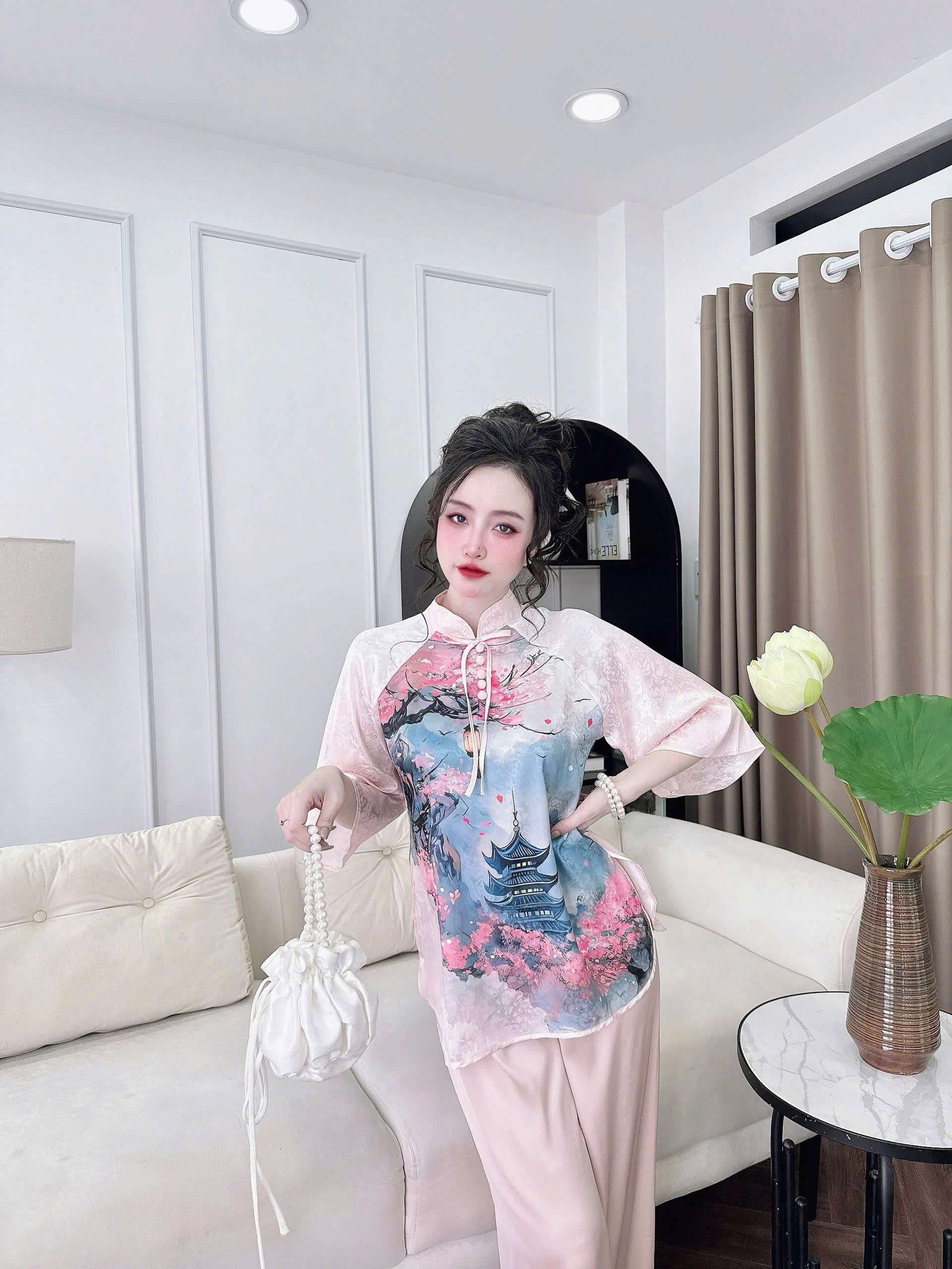 Mô tả Bộ Lam Đi Chùa SOJUN Đồ Pháp Phục Lụa Gấm Cổ Trụ Nút Bọc Thiết Kế Size Dưới 65kg - 3