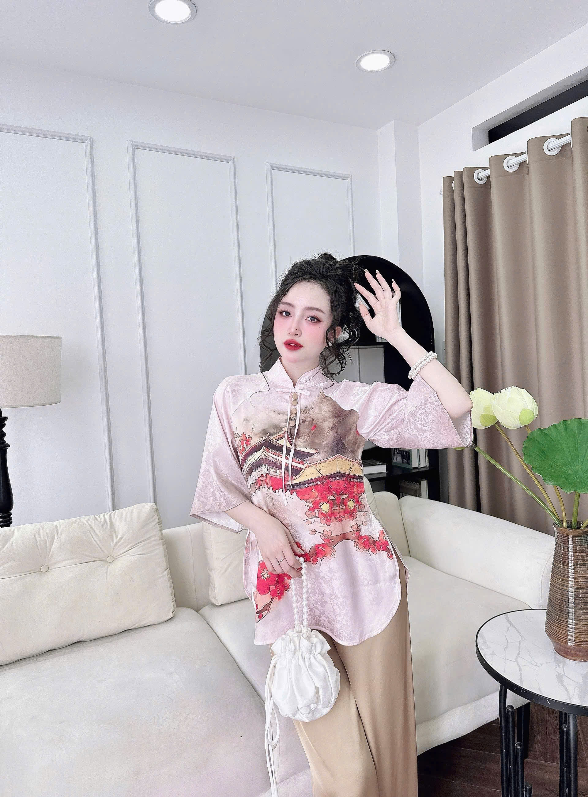 Mô tả Bộ Lam Đi Chùa SOJUN Đồ Pháp Phục Lụa Gấm Cổ Trụ Nút Bọc Thiết Kế Size Dưới 65kg - 6