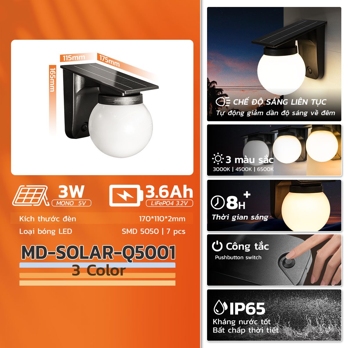 Mô tả Đèn Tường Năng Lượng Mặt Trời MODI SOLAR Có 3 Chế Độ Màu, Trang Trí Ngoài Trời - 2
