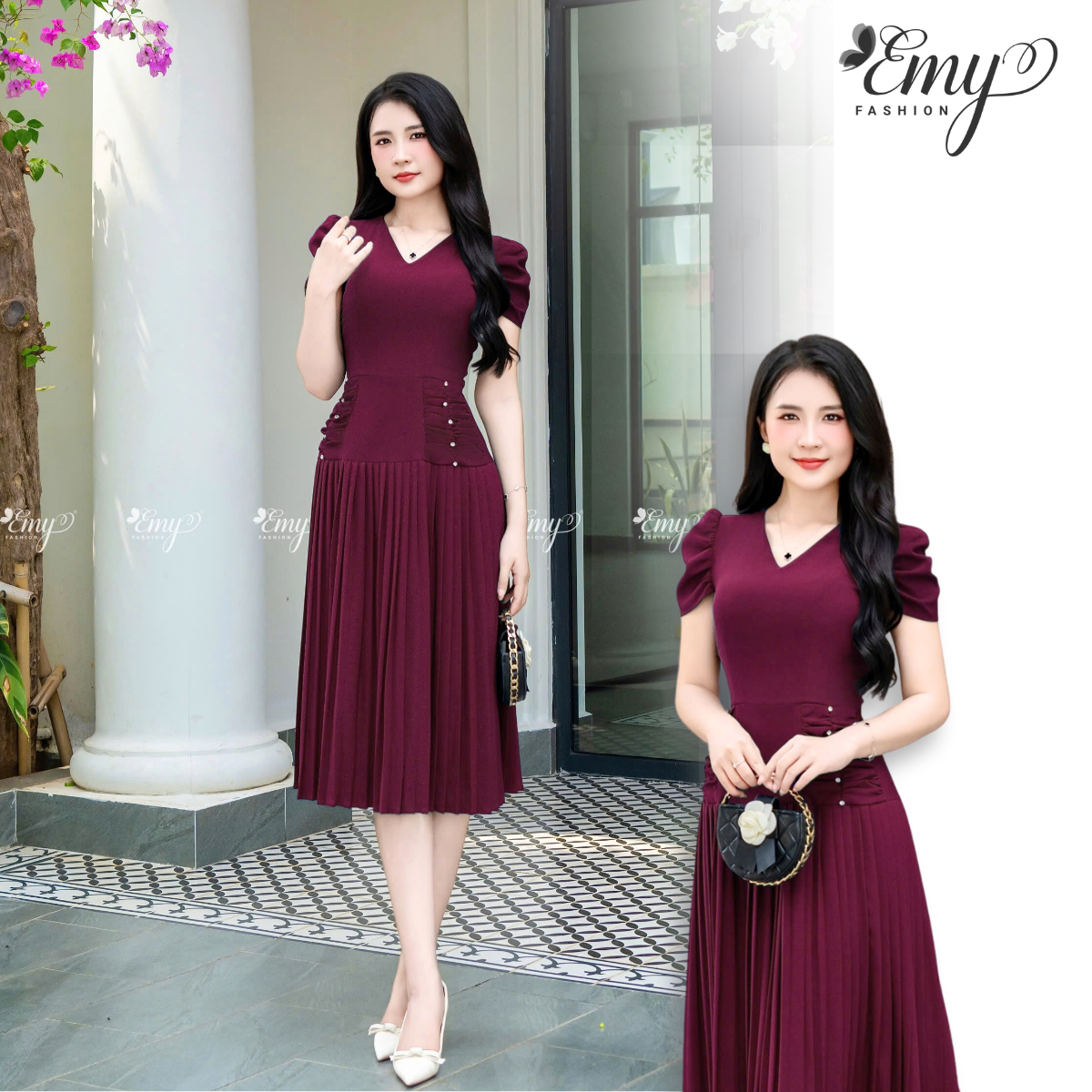 Mô tả Đầm Thiết Kế EMY Thời Trang Cao Cấp EM7685 Vải Carolan,Nền Đỏ Sang Chảnh Đi Tiệc - 1