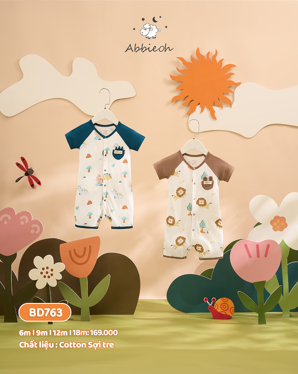 Mô tả Bộ bodysuit cộc tay unisex ABBIEOH cotton mềm mát động vật, vũ trụ cho bé 0-12 tháng BD763 BD758 BD621-625-602 - 1