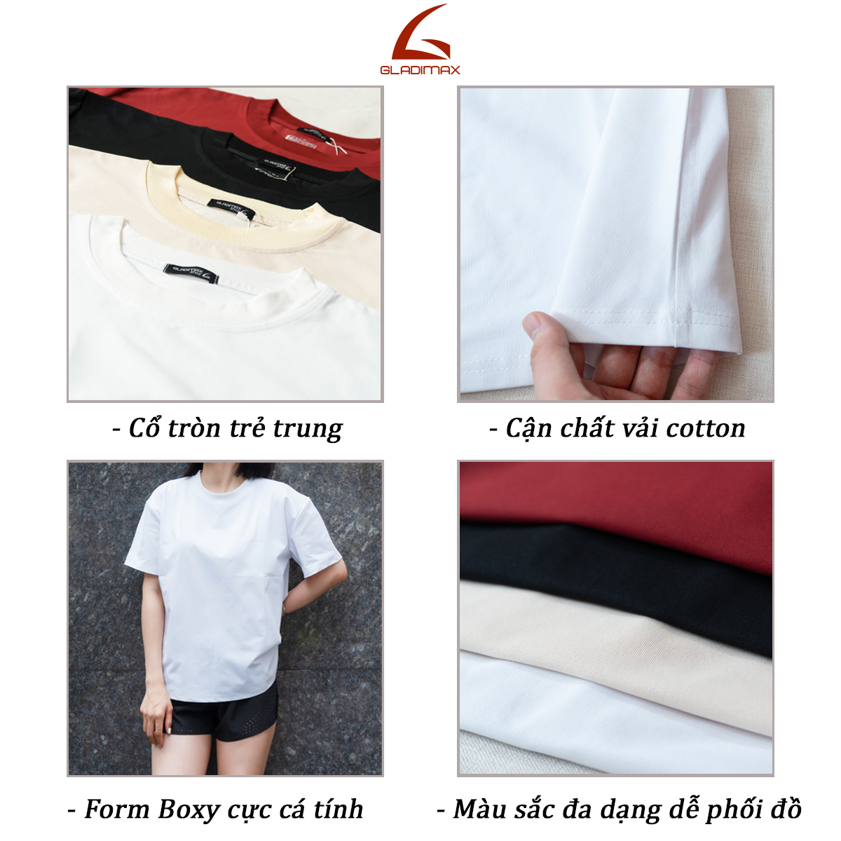 Mô tả Áo Thun Trơn GLADIMAX Unisex Nam Nữ l Form Boxy Cotton 230 GSM Cao Cấp Cổ Tròn T157 - 4