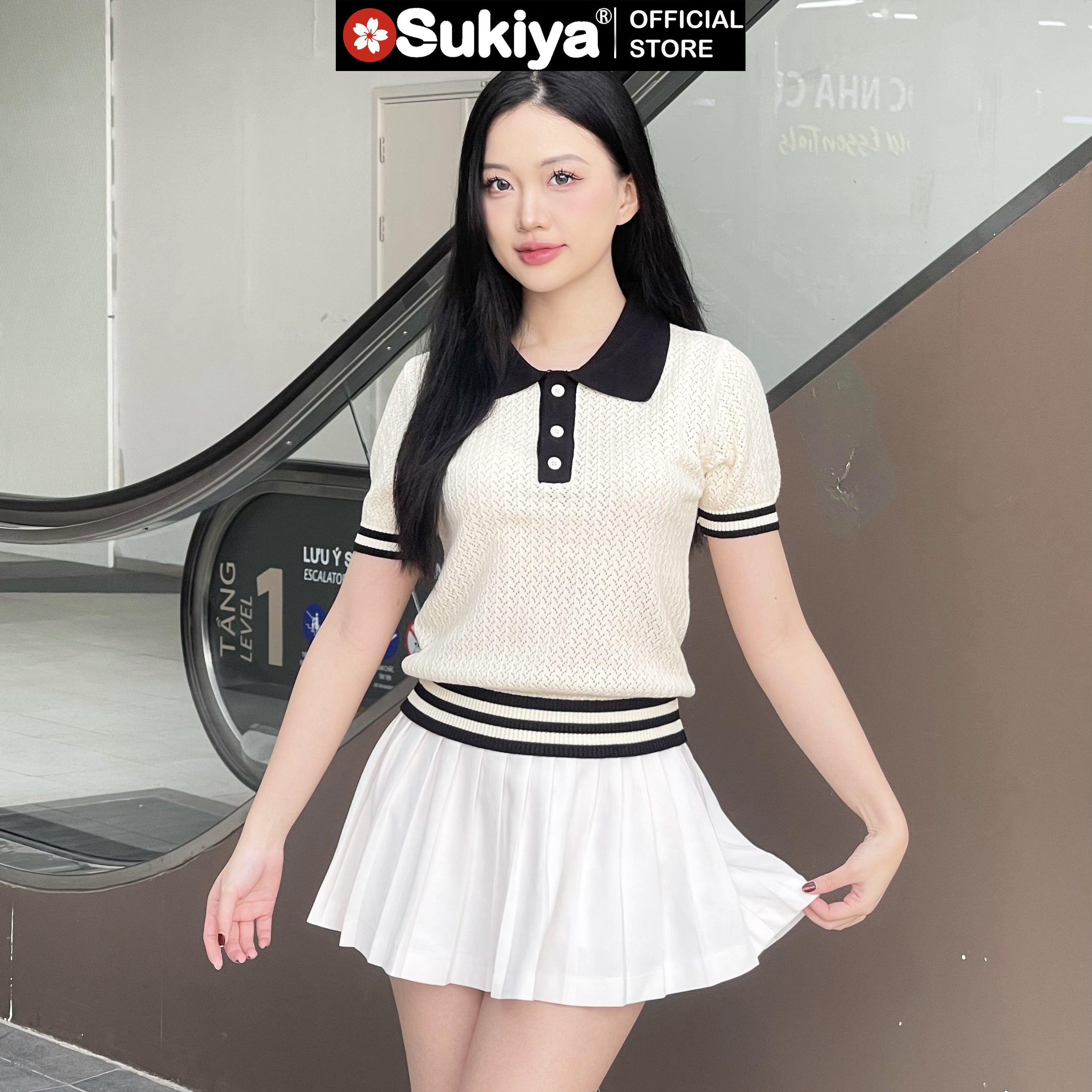 Mô tả Áo Len Polo Nữ SUKIYA Dệt KNIT Cao Cấp Đột Lỗ Thoáng Mát Phồi Màu Trẻ Trung Năng Động AL109 - 1