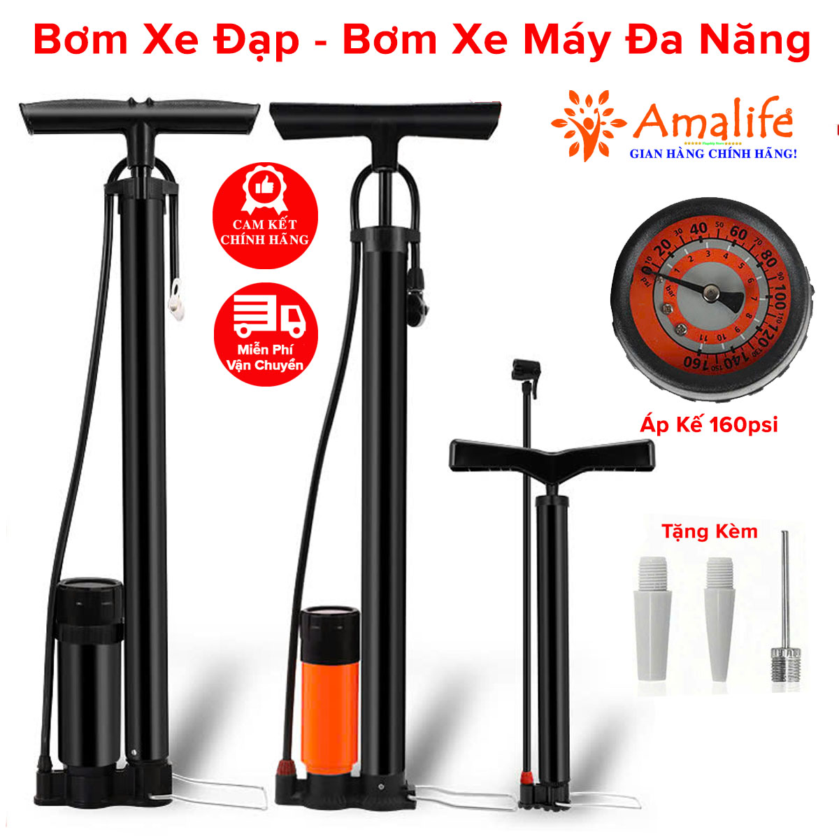 Mô tả Bơm Xe Đạp Dùng Tay Có Đồng Hồ Áp Suất Mini Nhỏ Gọn Bơm Nhanh Mạnh Có Đầu Bơm Xe Máy Van Pháp Van Mỹ Hãng Amalife - 1