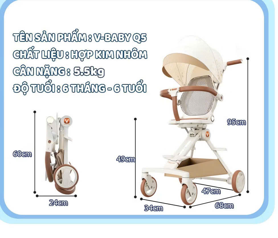 (hàng KM gooby) Xe Đẩy Gấp Gọn Cao Cấp V-Baby Q5 Đảo Chiều 360 Độ [NEW ...