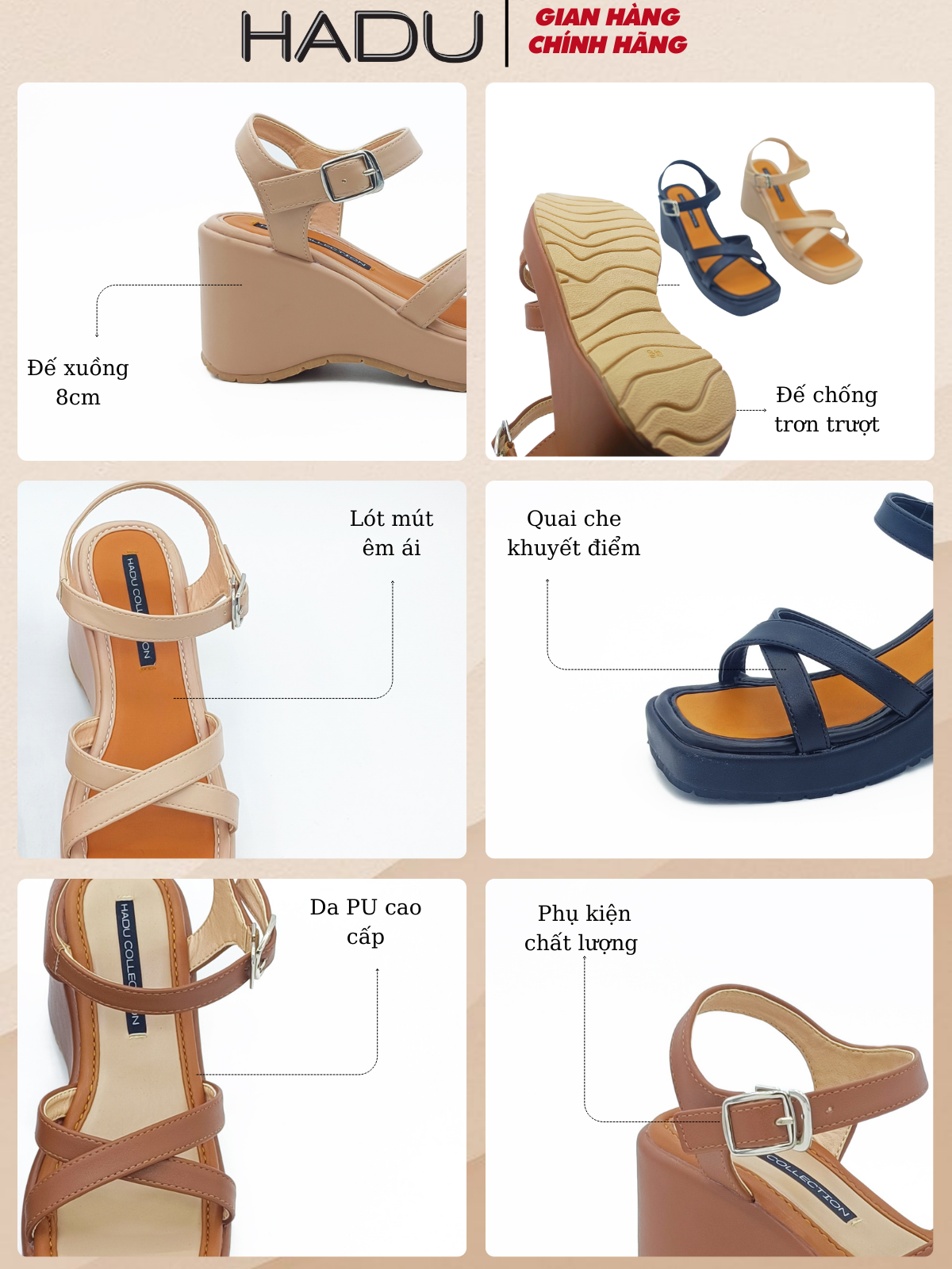 Sandal Đế Xuồng HADU MX14 màu Kem