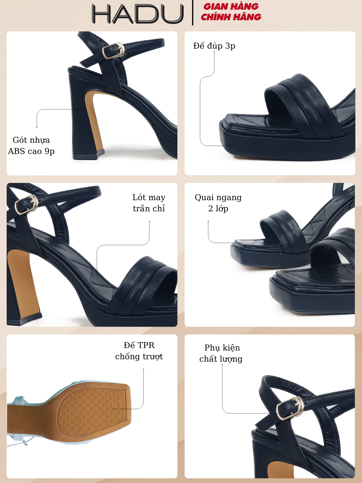 Giày Sandal Gót Vuông 9P HADU M956 Kem