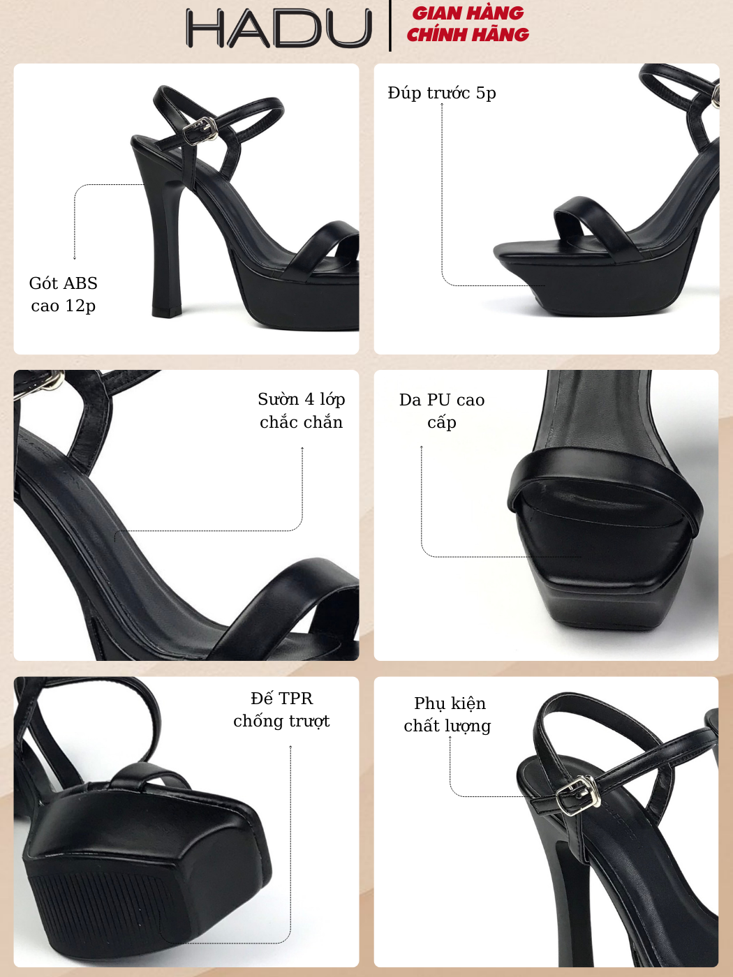 Mô tả Giày Cao Gót 12P Đế Vuông Quai Ngang HADU G128 Đúp Trước 3P BH 12 Tháng - 2