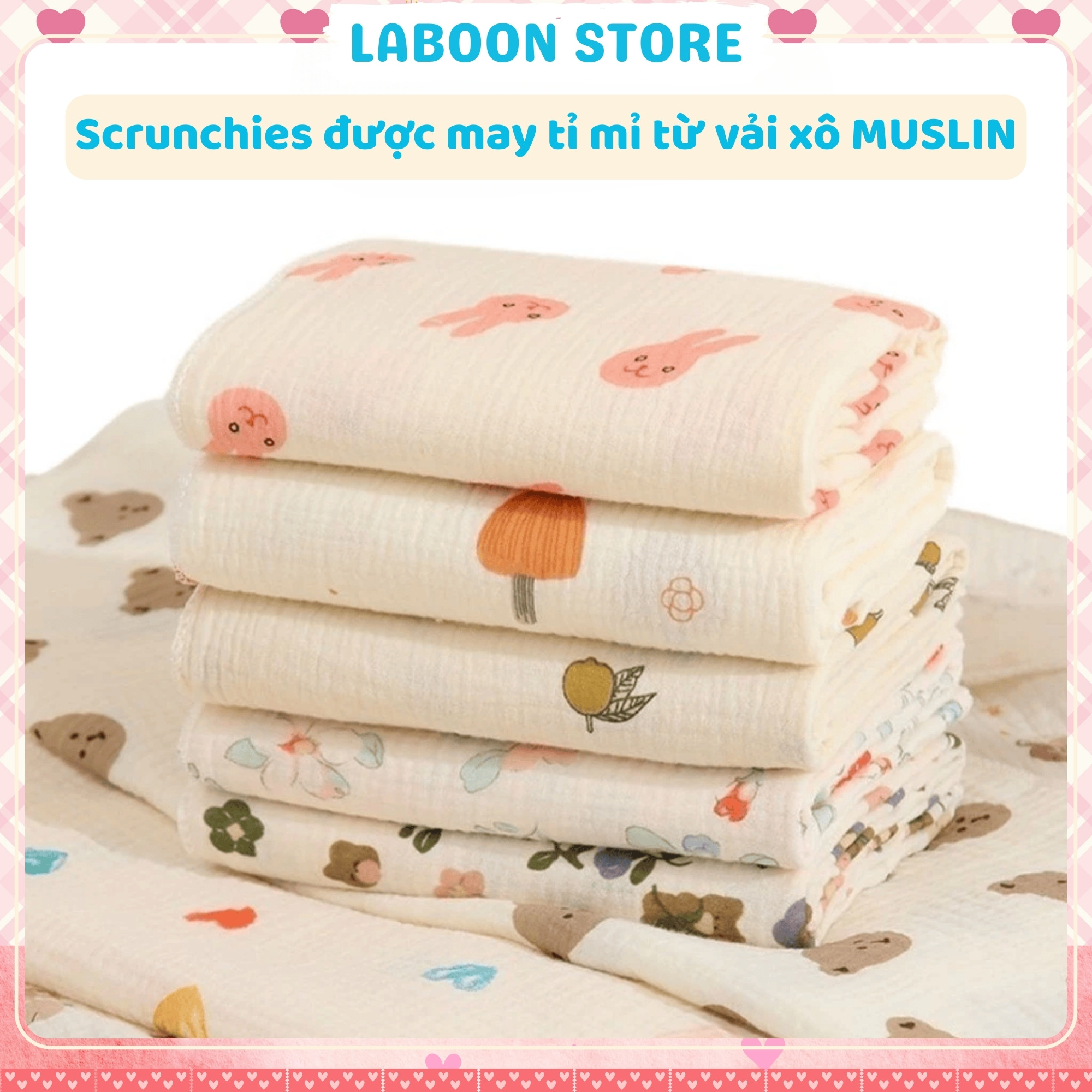 Mô tả Dây buộc tóc scrunchies handmade chất vải Muslin LABOON dây cột tóc mềm mại co giãn - 1