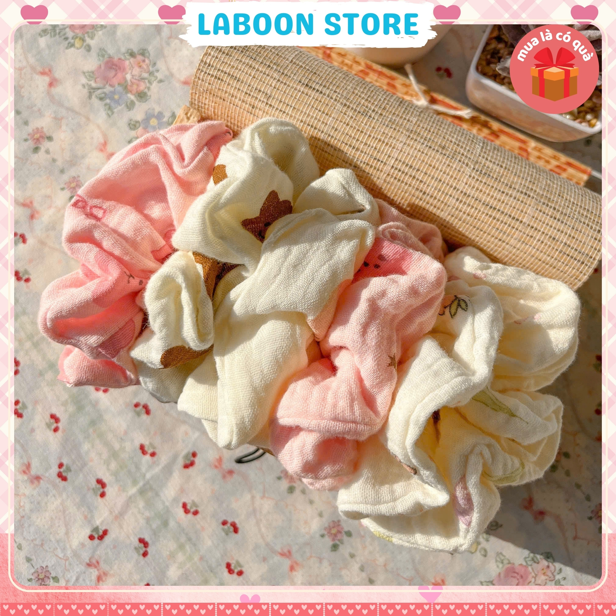 Mô tả Dây buộc tóc scrunchies handmade chất vải Muslin LABOON dây cột tóc mềm mại co giãn - 2