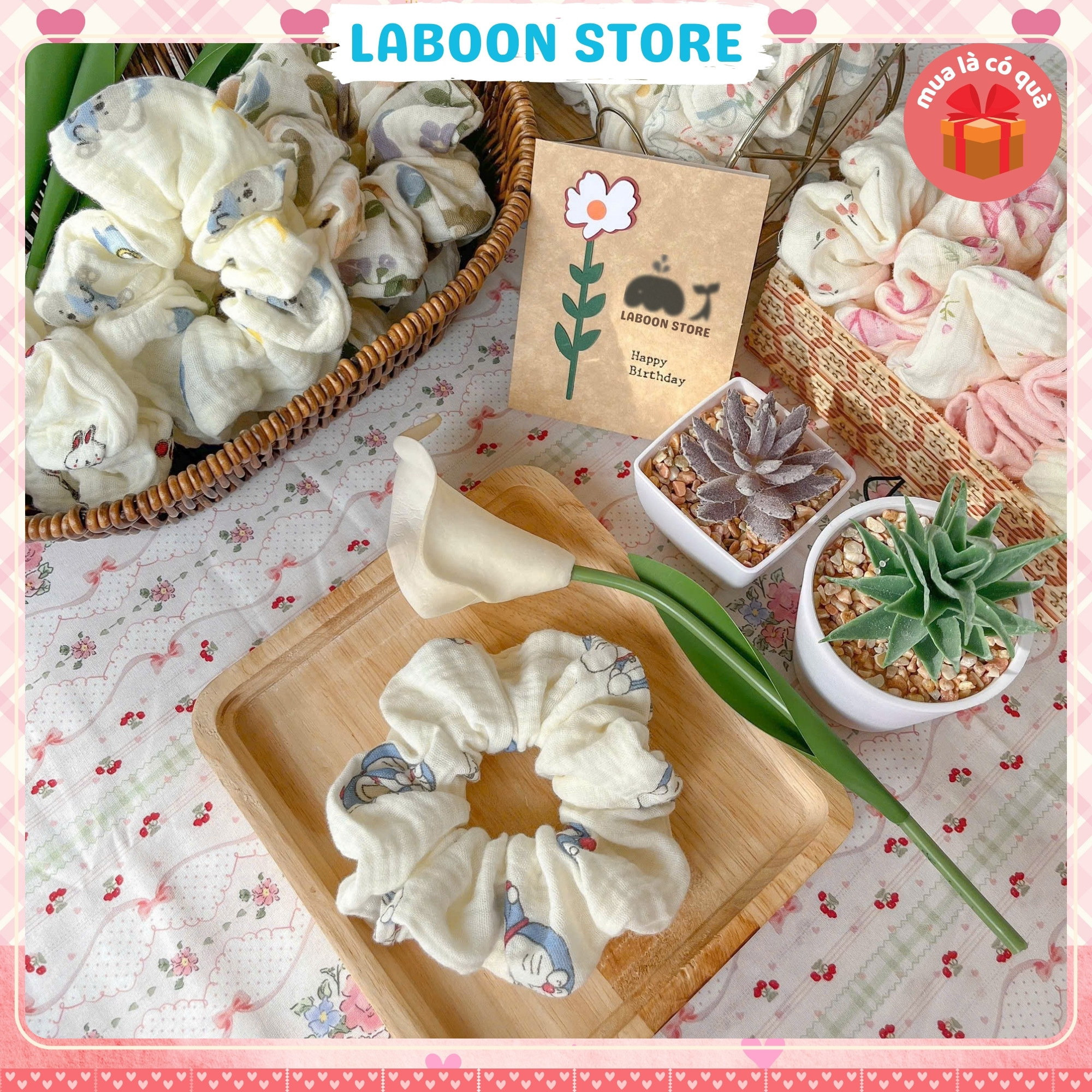 Mô tả Dây buộc tóc scrunchies handmade chất vải Muslin LABOON dây cột tóc mềm mại co giãn - 3
