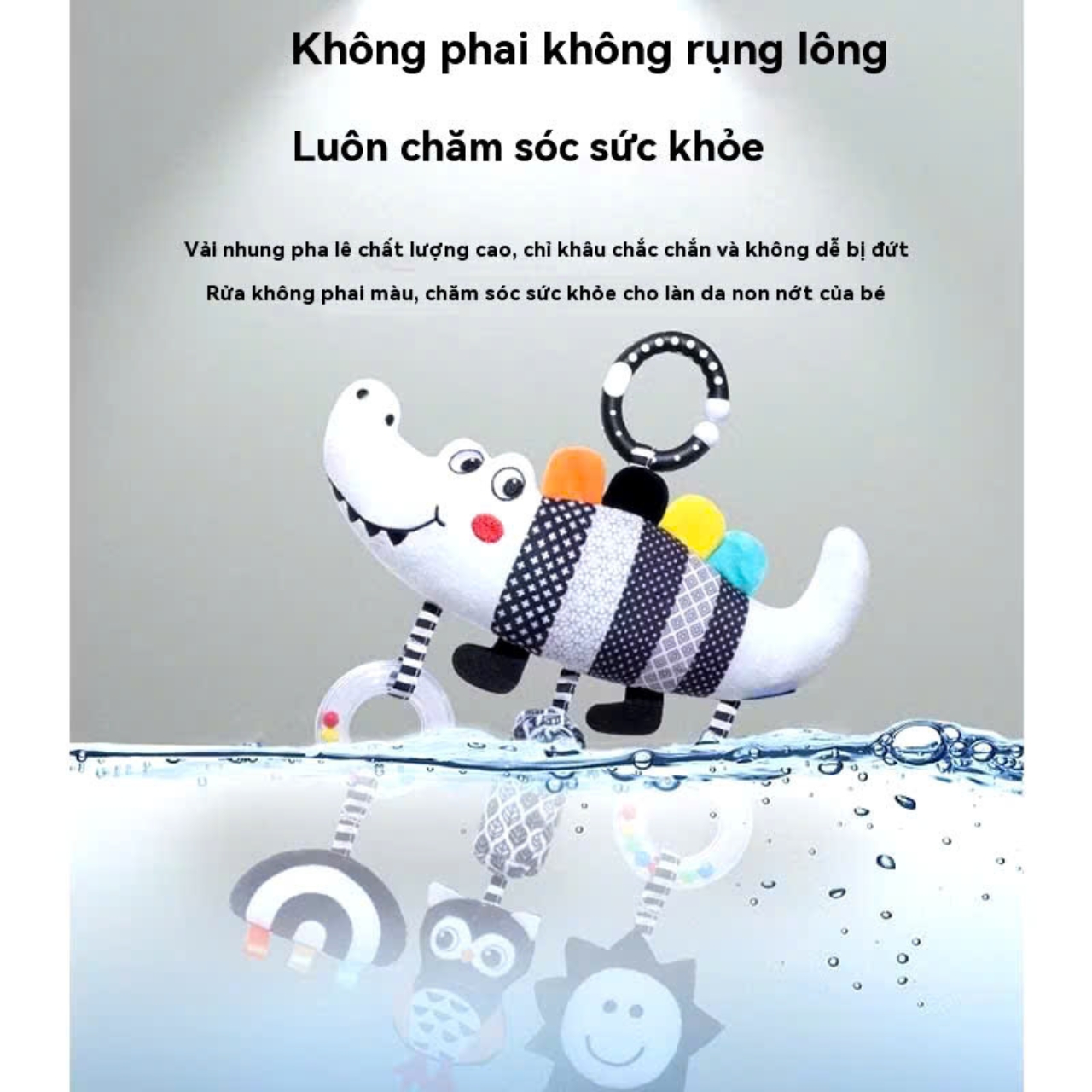 Mô tả Đồ Chơi Treo Nôi Cho Bé, Đồ Chơi Lắc Nhạc Vải Nhồi Hình Thú Đen Trắng (Cá Sấu, Sâu) - 2