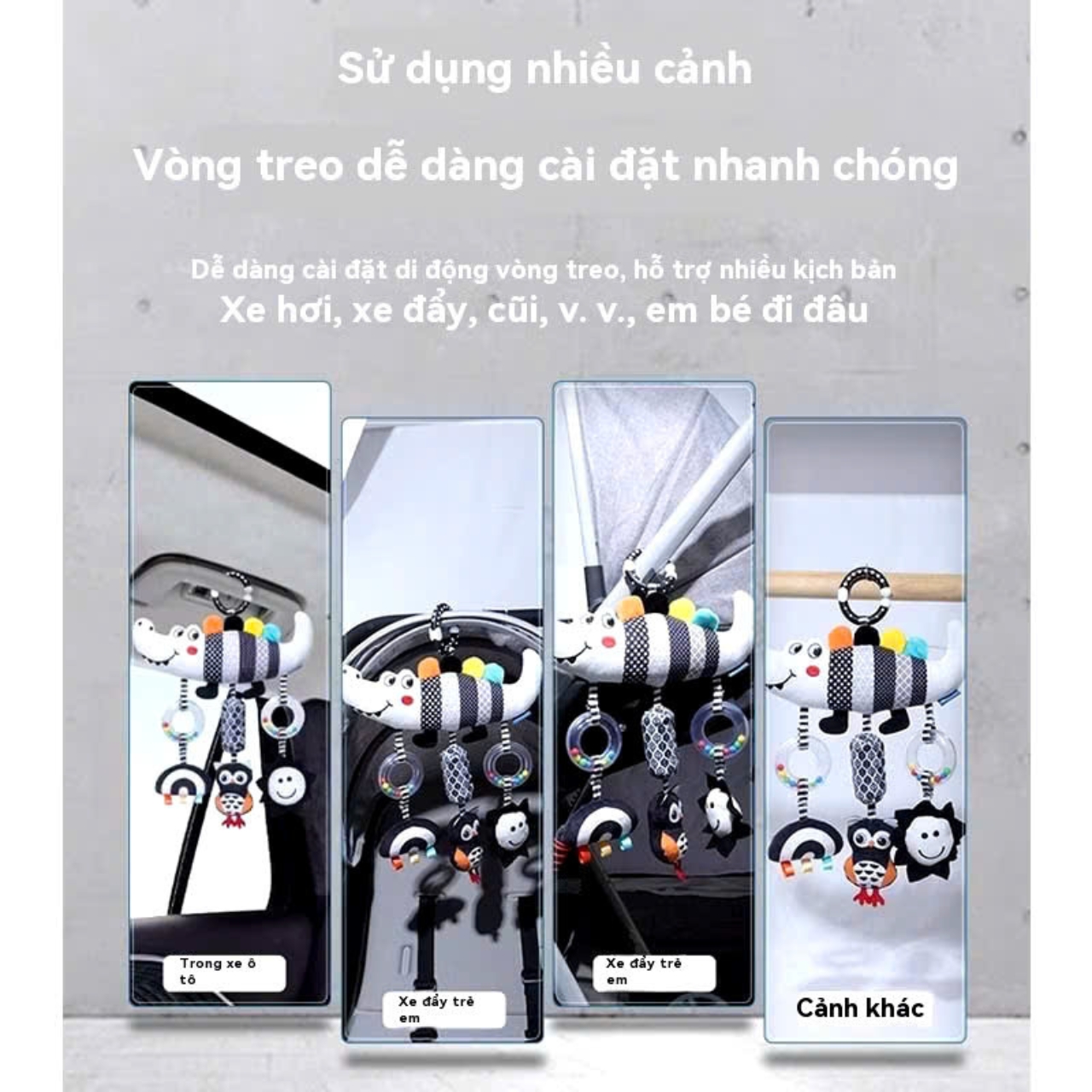 Mô tả Đồ Chơi Treo Nôi Cho Bé, Đồ Chơi Lắc Nhạc Vải Nhồi Hình Thú Đen Trắng (Cá Sấu, Sâu) - 3