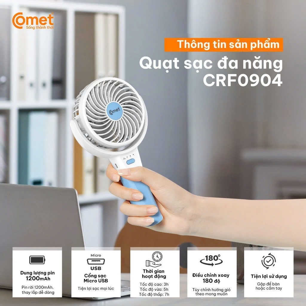 Mô tả Quạt Sạc quạt Mini Gấp Gọn Cầm Tay Comet Nhỏ Gọn Sạc USB Tiện Lợi, sử dụng lên tới 12 tiếng - 2