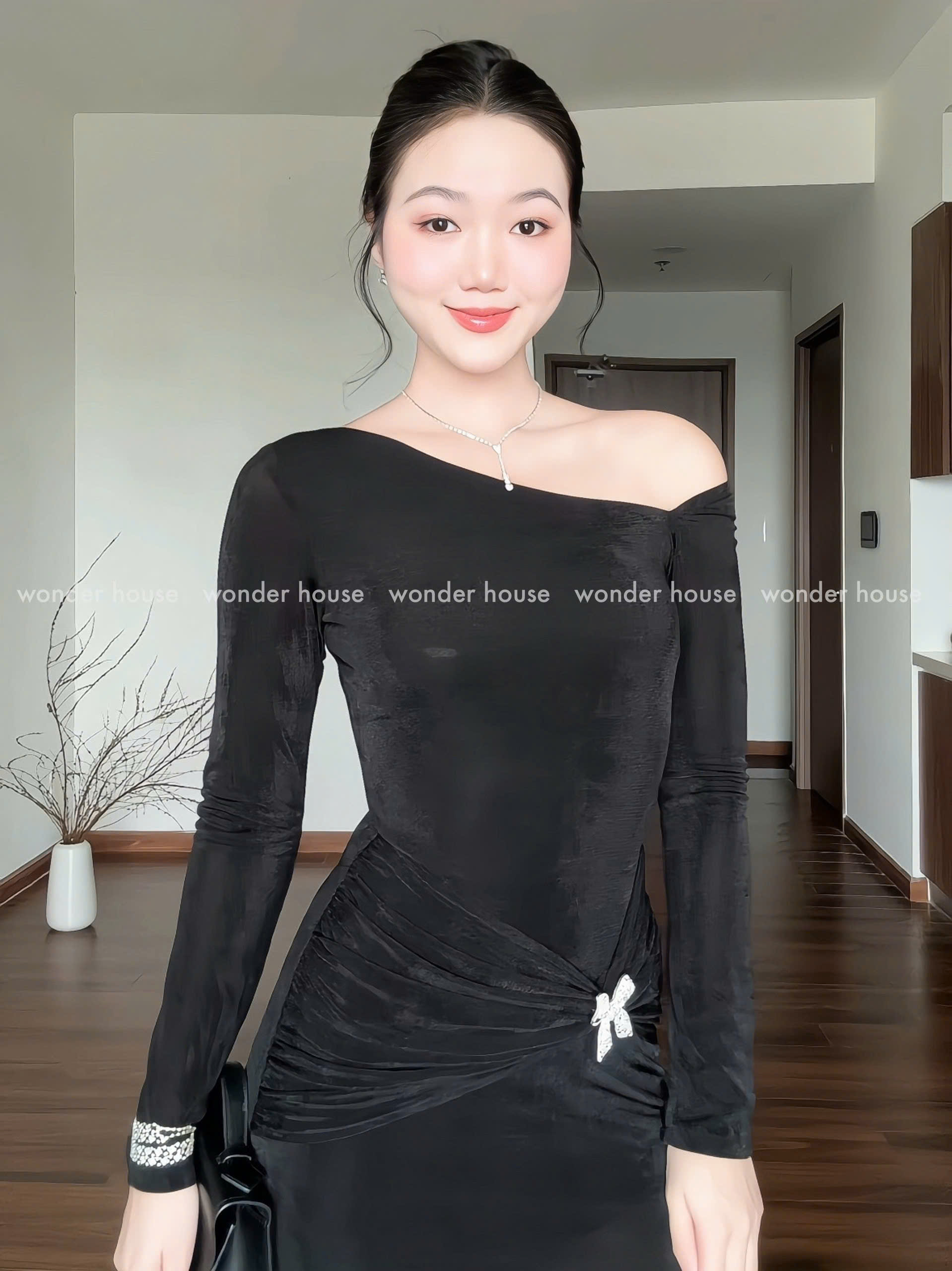 Mô tả Poly Dress Wonderhouse Đầm thiết kế hở vai dáng dài chất vải thun nhũ co giãn nhiều dự tiệc, dạo phố sang trọng nữ tính - 3