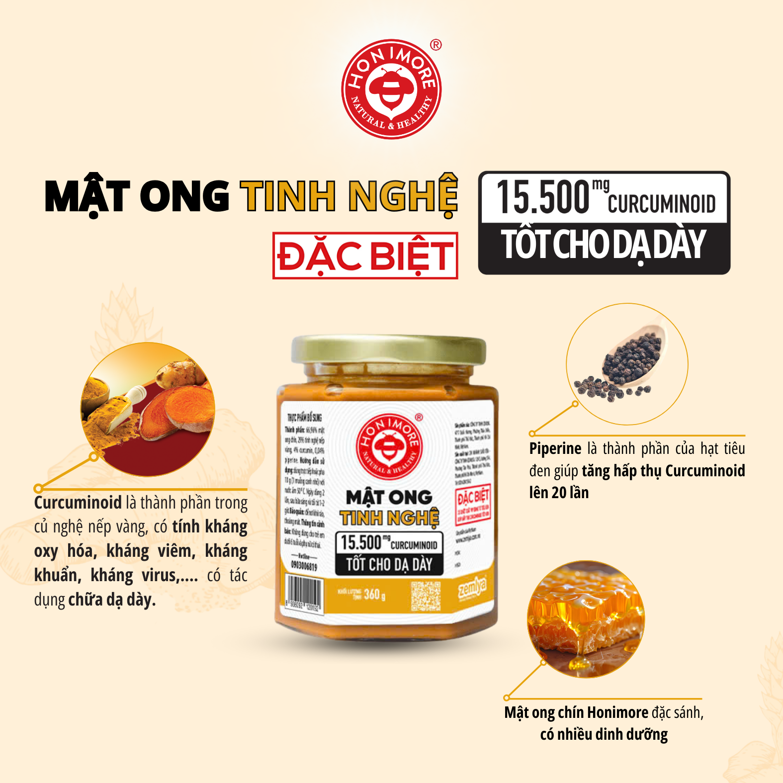 Mô tả Mật ong tinh nghệ Honimore 15500mg Curcuminoid loại đặc biệt 360g|dành cho người dạ dày - 1