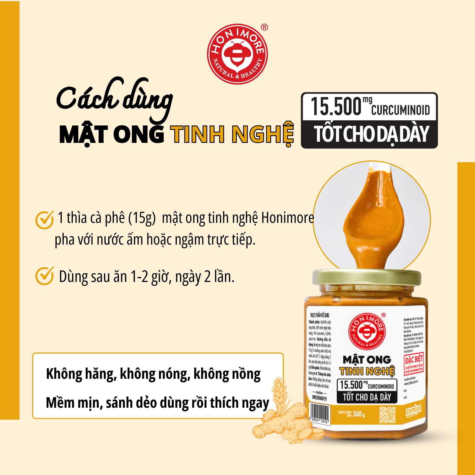 Mô tả Mật ong tinh nghệ Honimore 15500mg Curcuminoid loại đặc biệt 360g|dành cho người dạ dày - 4