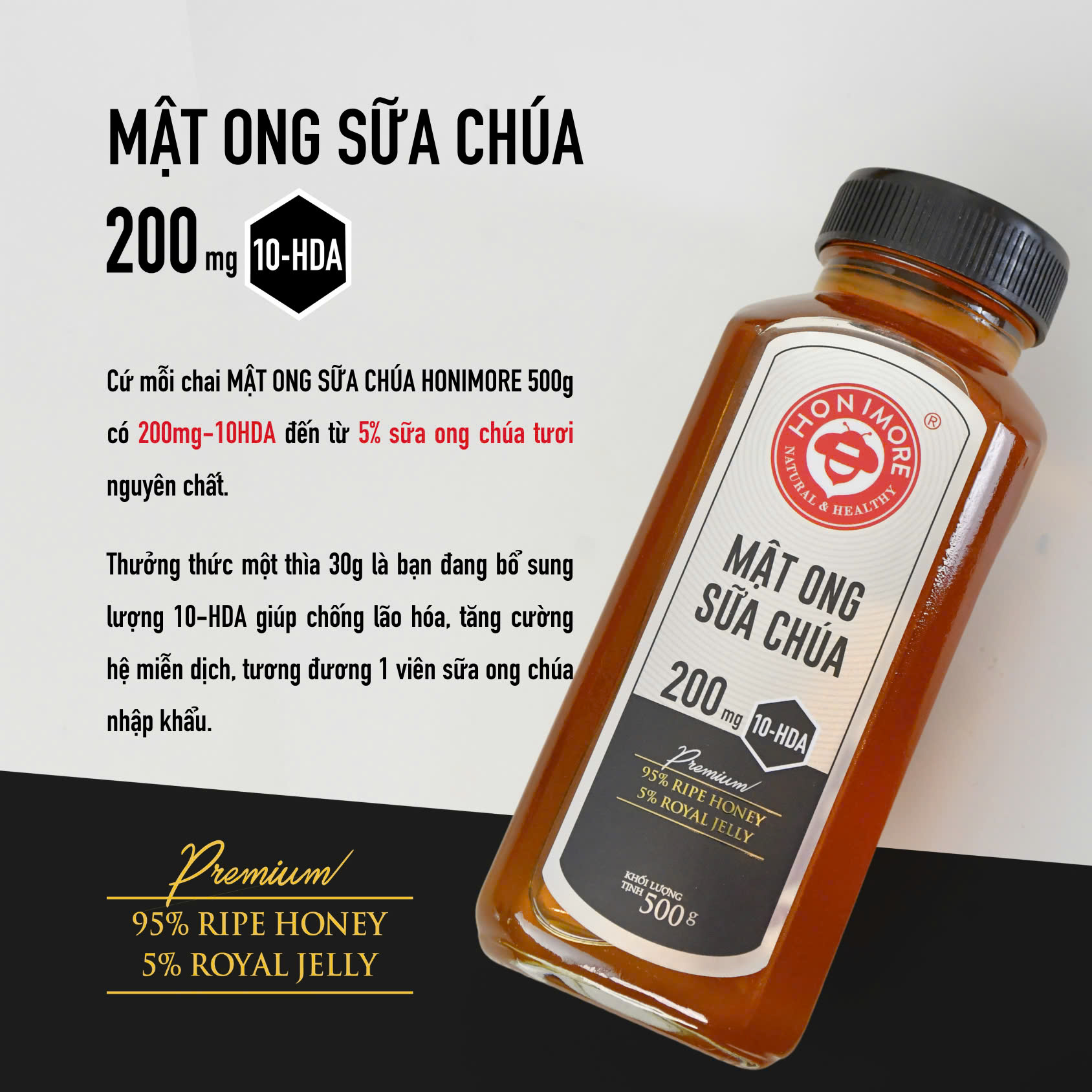 Mô tả Mật ong sữa chúa Honimore 500g- 10HDA 200mg | Hỗ trợ tăng cường miễn dịch| Tốt cho sinh lý - 4