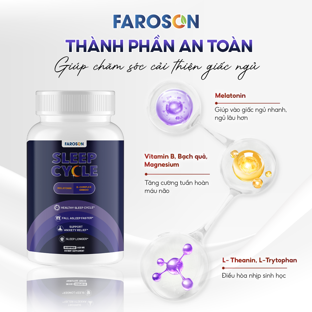 Mô tả Thực phẩm bảo vệ sức khoẻ Viên Uống Ngủ Ngon Melatonin Faroson Sleep Cycle Hỗ Trợ Giấc Ngủ Dễ Ngủ Hộp 30 viên - 3