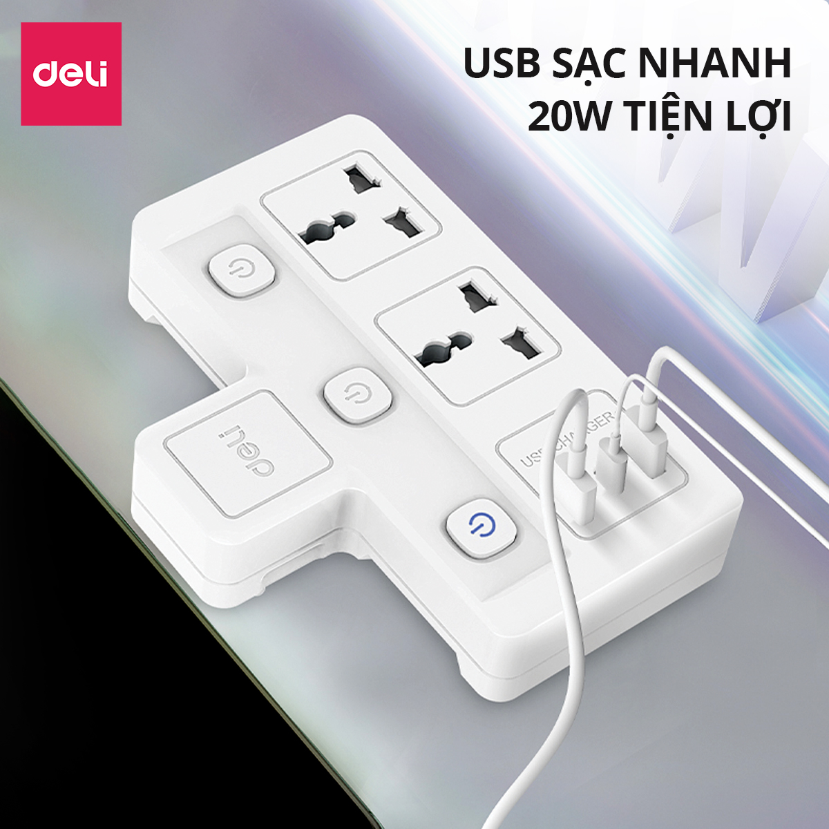 Mô tả Ổ Cắm Chia Điện Deli, Ổ Cắm Điện Chữ T Công Suất 2500W Tích Hợp Cổng USB &TypeC Sạc Nhanh 20W - 1