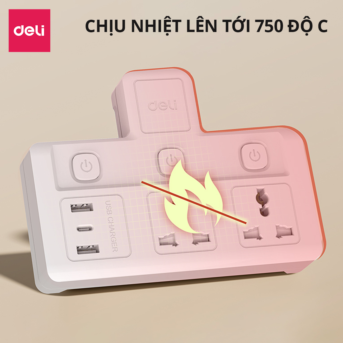 Mô tả Ổ Cắm Chia Điện Deli, Ổ Cắm Điện Chữ T Công Suất 2500W Tích Hợp Cổng USB &TypeC Sạc Nhanh 20W - 2