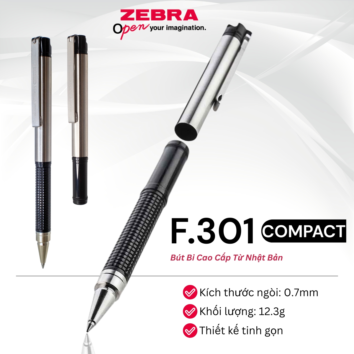 Mô tả Bút Bi Cao Cấp F.301 Compact 0.7mm Zebra Pen - Mực Xanh, Thân Kim Loại, Nhẹ 12.3g [CHÍNH HÃNG] - 1