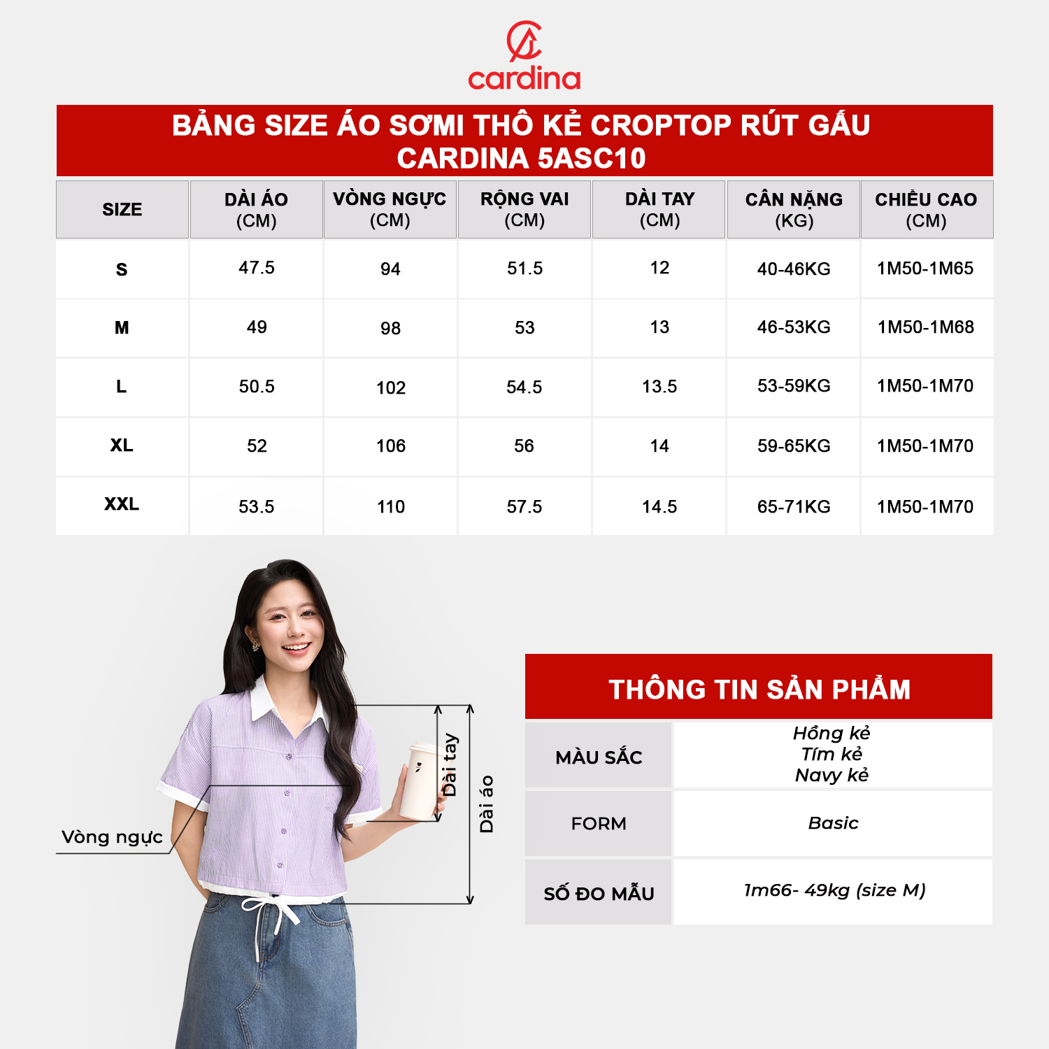 Mô tả Áo sơ mi nữ CARDINA chất thô dáng croptop có đường rút gấu trẻ trung năng động 5ASC10 - 1