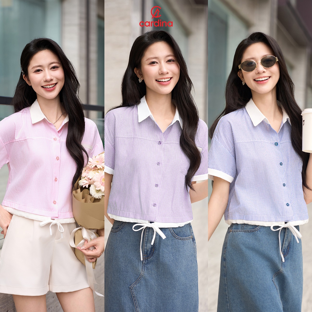 Mô tả Áo sơ mi nữ CARDINA chất thô dáng croptop có đường rút gấu trẻ trung năng động 5ASC10 - 2