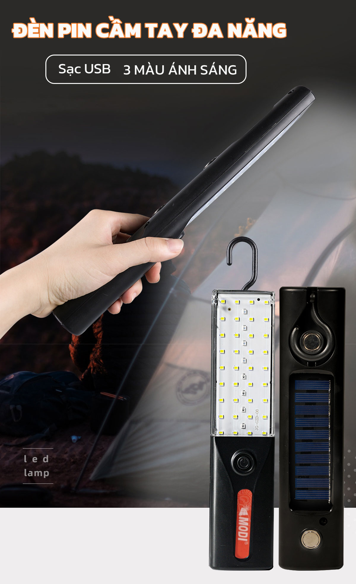 Mô tả Đèn Pin LED Cầm Tay Cao Cấp MODI SOLAR, Đèn Pin Led  Năng Lượng Mặt Trời Đa Năng Tiện Lợi - 1