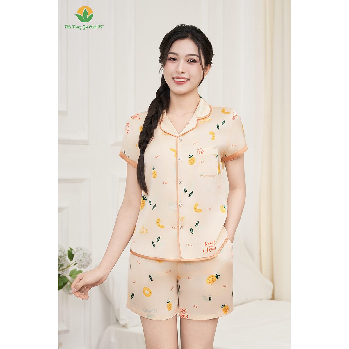 Mô tả Bộ pijama lụa Việt Thắng nữ quần đùi áo cộc tay họa tiết trẻ trung - B43.5069 - 4