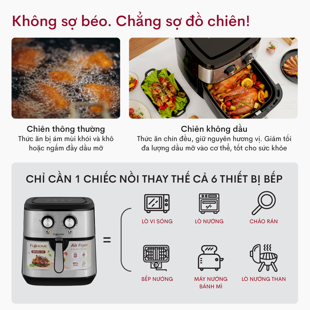 Mô tả Nồi chiên không dầu FUJIHOME A9 dung tích 9.2 lít - Công suất 1800W - Bảo hành điện tử toàn quốc - 4