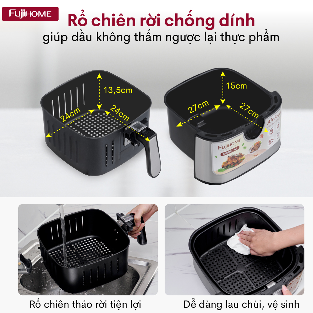 Mô tả Nồi chiên không dầu FUJIHOME A9 dung tích 9.2 lít - Công suất 1800W - Bảo hành điện tử toàn quốc - 6